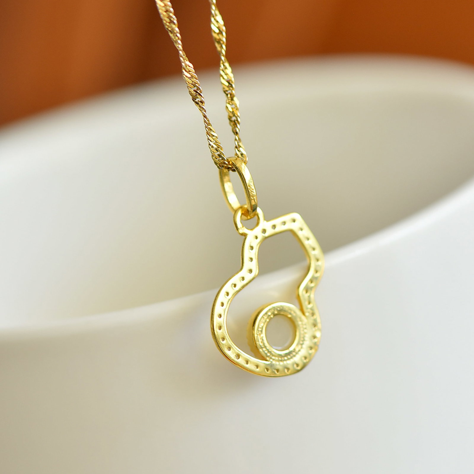 An Exquisite Sterling Silver-Gold Plated Inlaid White Jade Gourd Pendant,Inlaid Diamonds - 5