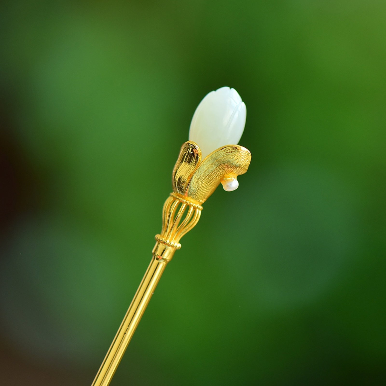 An Exquisite Sterling Silver-Gold Plated Inlaid White Jade Hairpin,Inlaid Diamond - 2