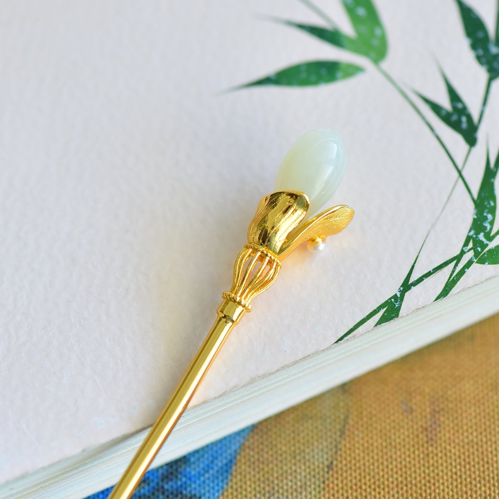 An Exquisite Sterling Silver-Gold Plated Inlaid White Jade Hairpin,Inlaid Diamond - 5