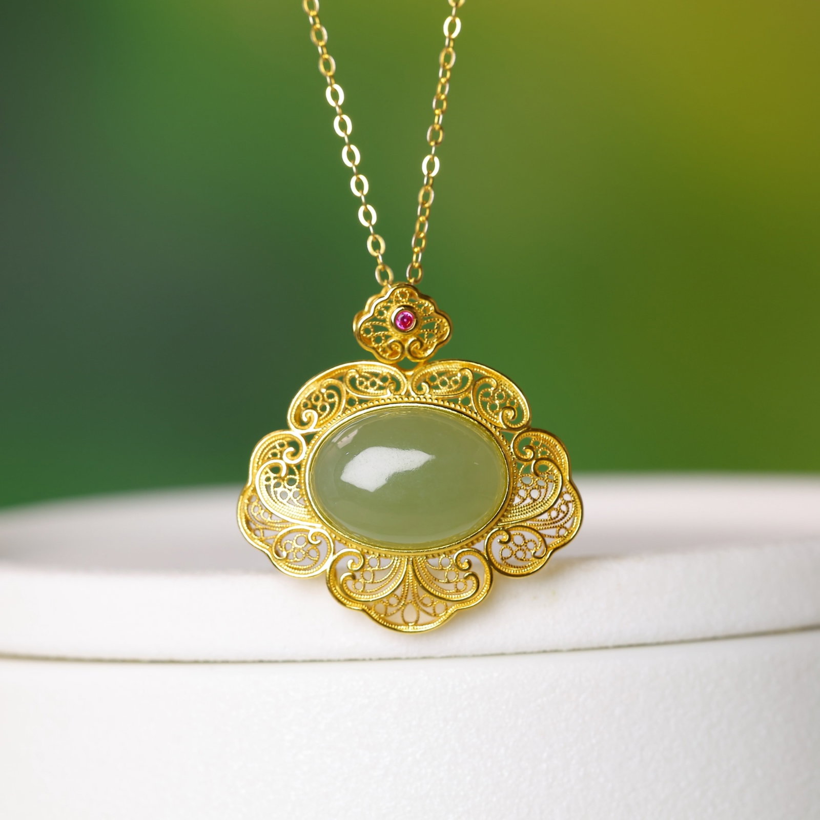 An Exquisite Sterling Silver-Gold Plated Inlaid Greenish Jade Pendant - 2