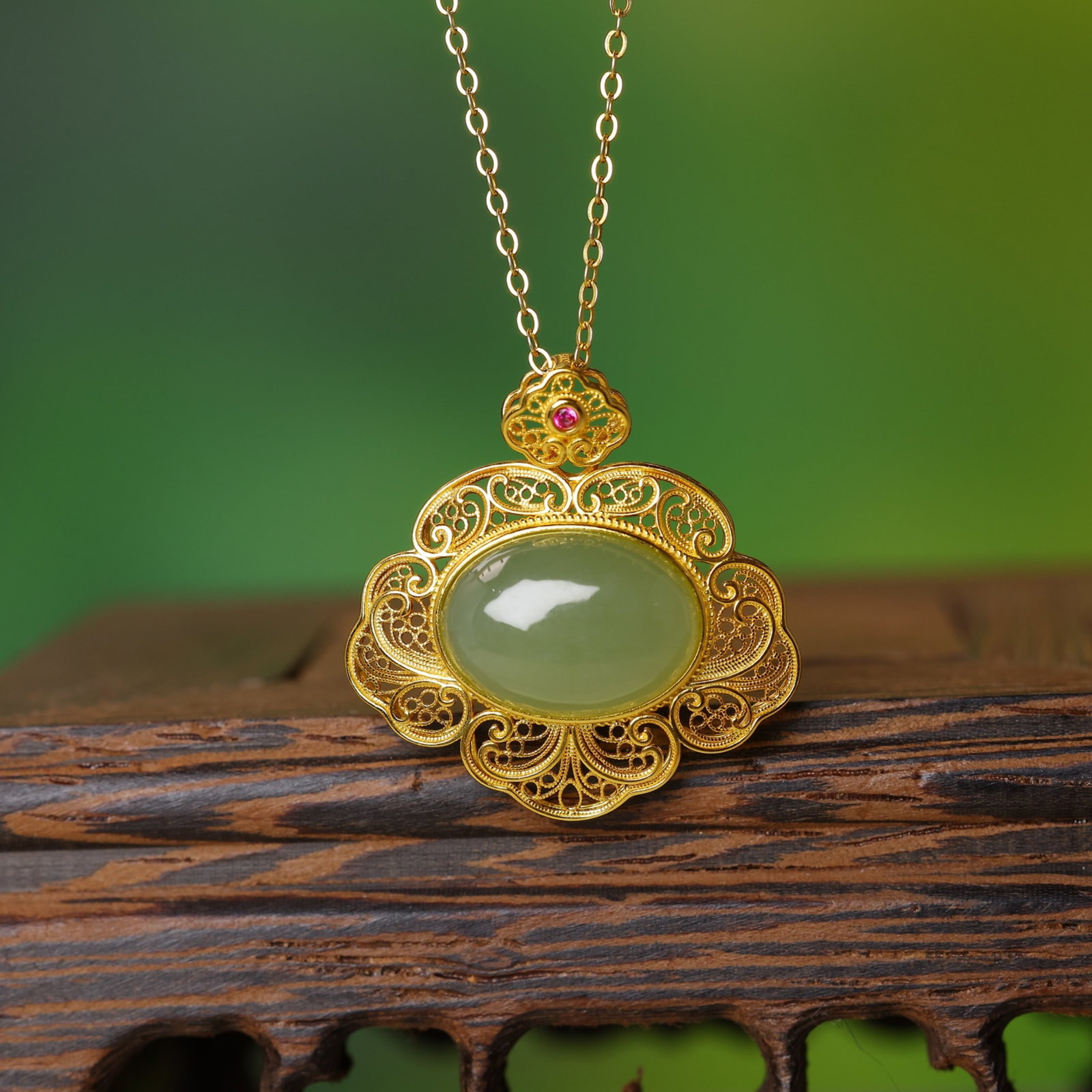 An Exquisite Sterling Silver-Gold Plated Inlaid Greenish Jade Pendant - 3
