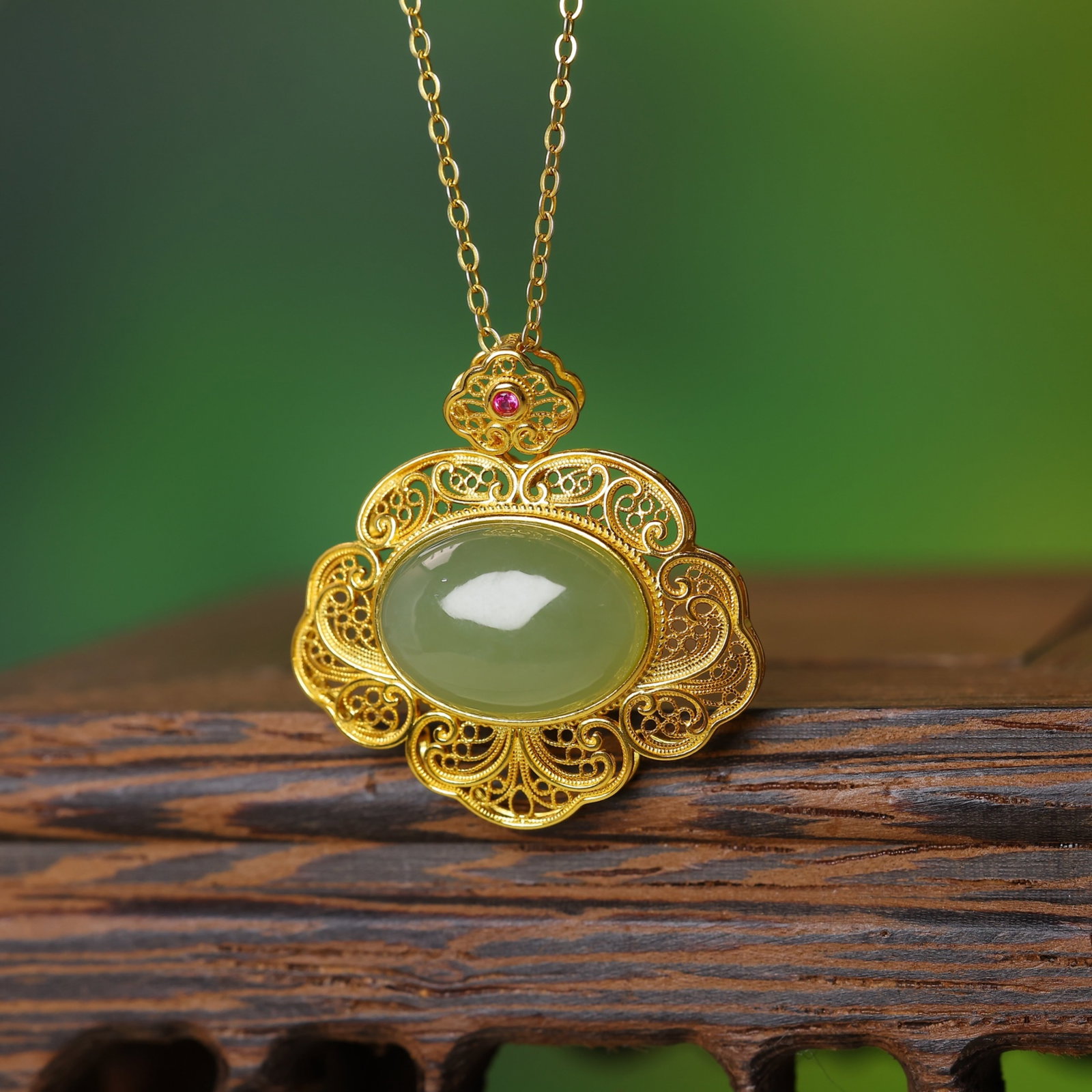 An Exquisite Sterling Silver-Gold Plated Inlaid Greenish Jade Pendant - 4