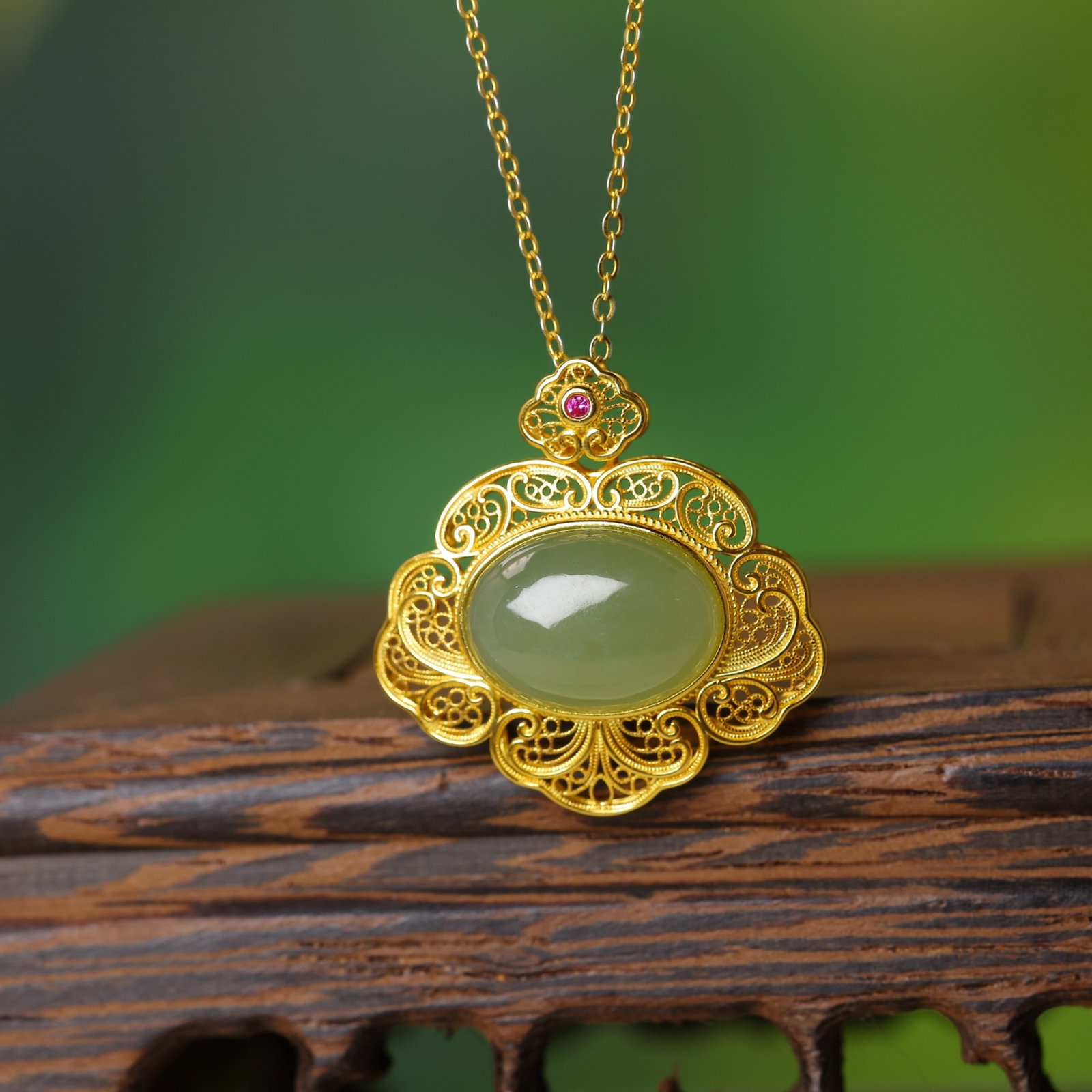 An Exquisite Sterling Silver-Gold Plated Inlaid Greenish Jade Pendant - 5