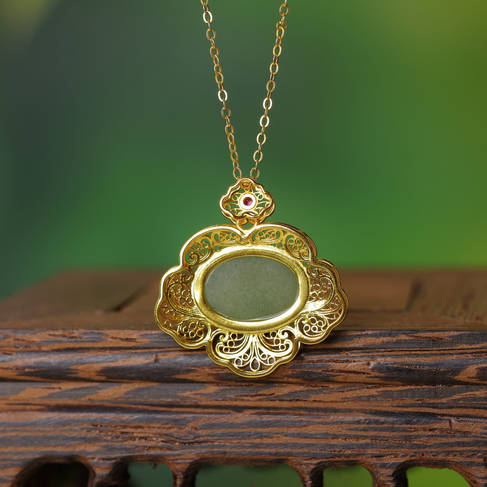 An Exquisite Sterling Silver-Gold Plated Inlaid Greenish Jade Pendant - 6