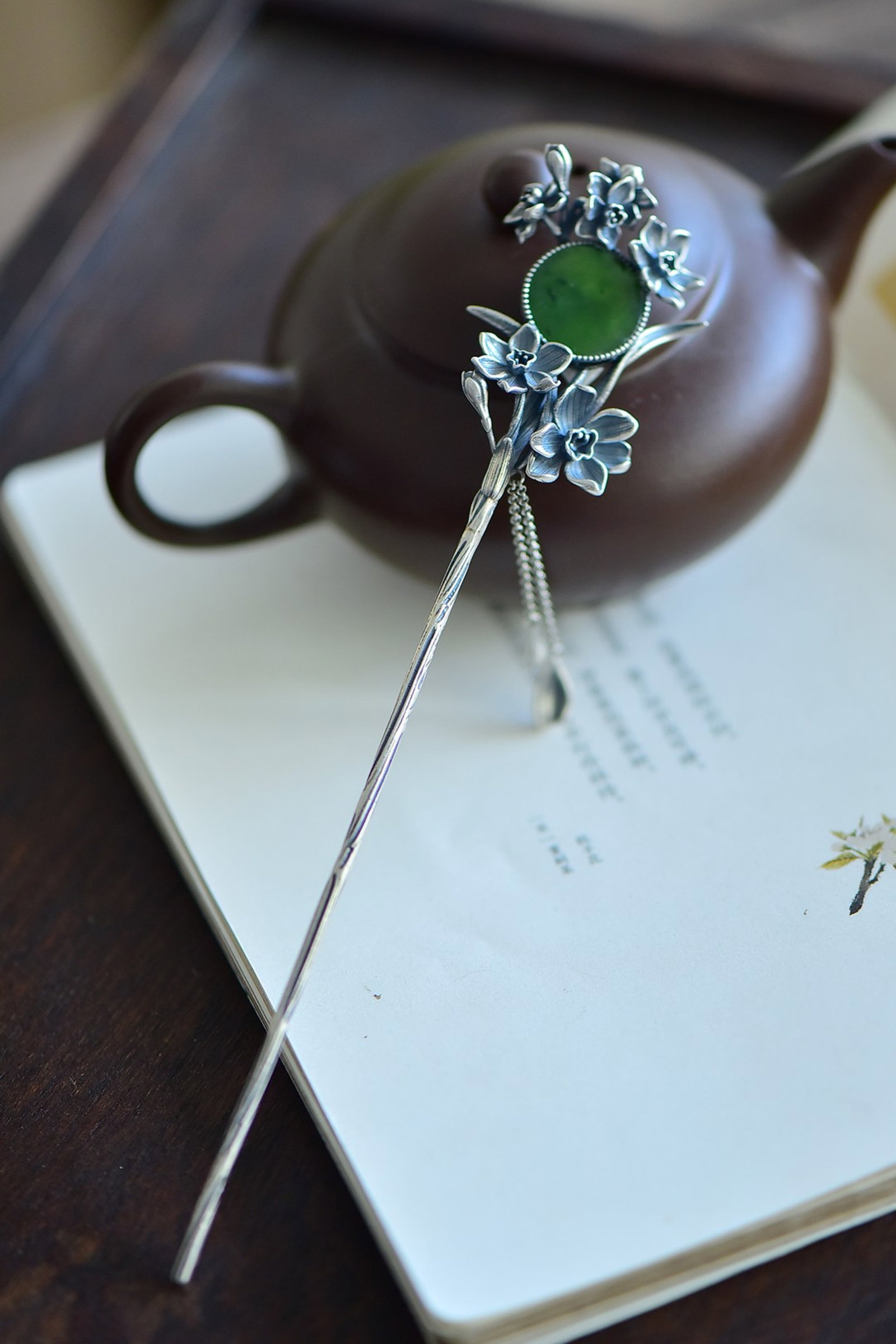 An Exquisite Sterling Silver Inlaid Jasper Enamel Hairpin - 4