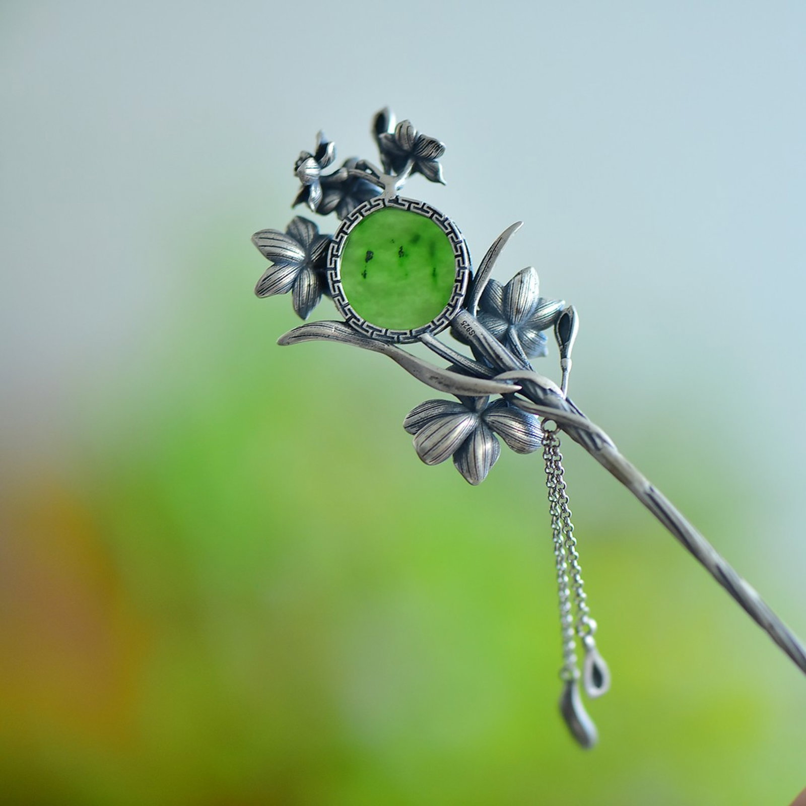 An Exquisite Sterling Silver Inlaid Jasper Enamel Hairpin - 5