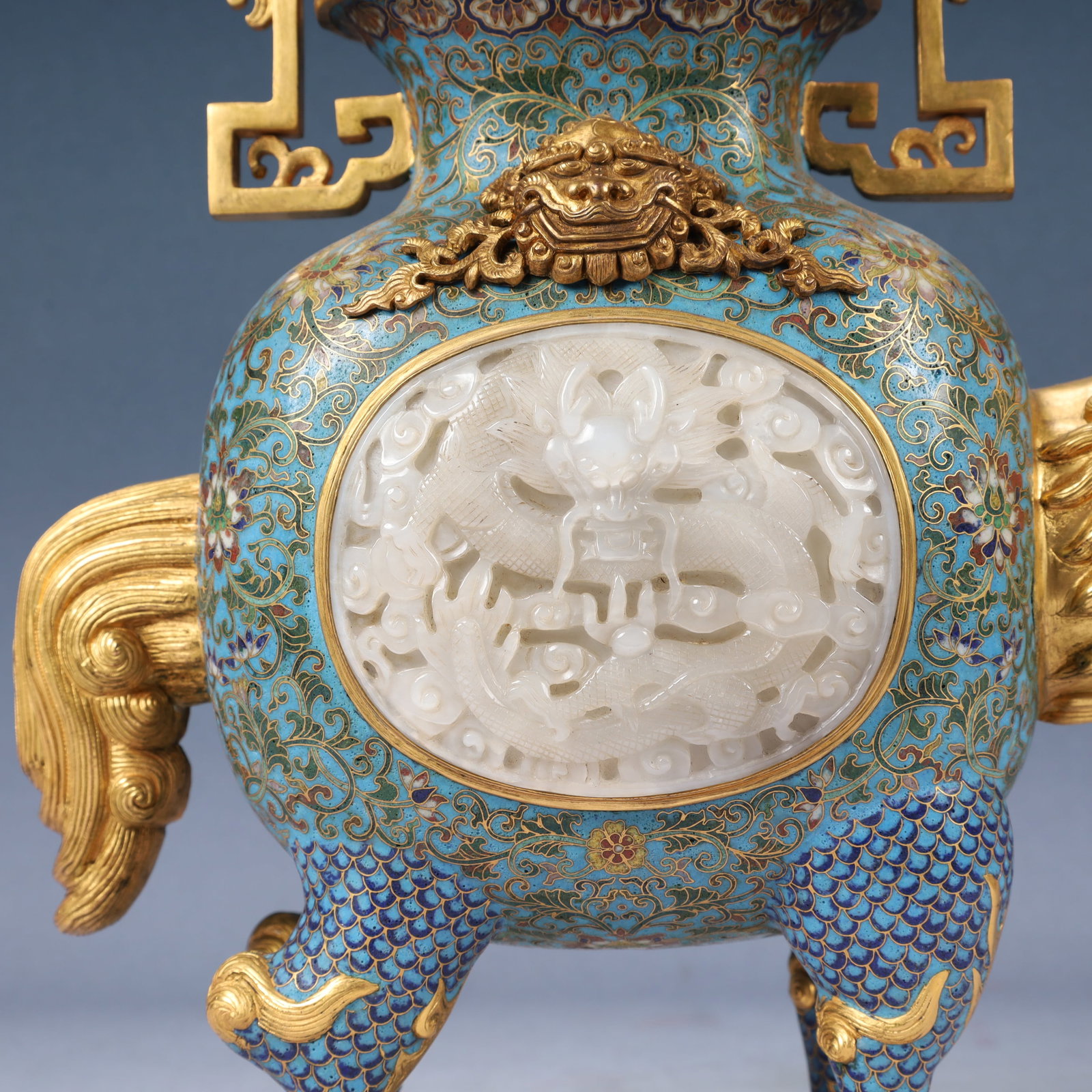 A Huge Cloisonne Inlaid White Jade Lotus,Auspicious Cloud and Dragon Pattern Ewer - 10