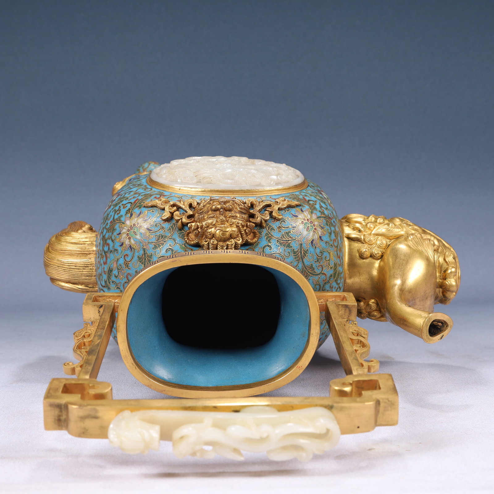 A Huge Cloisonne Inlaid White Jade Lotus,Auspicious Cloud and Dragon Pattern Ewer - 13