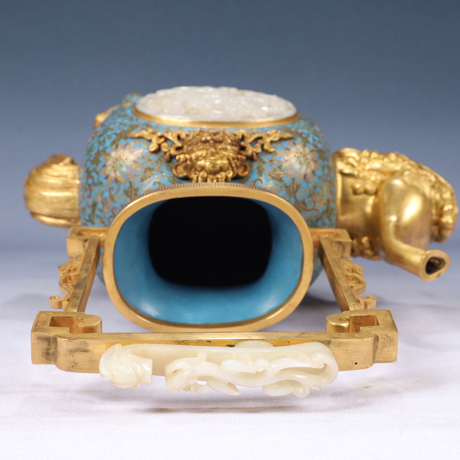 A Huge Cloisonne Inlaid White Jade Lotus,Auspicious Cloud and Dragon Pattern Ewer - 14