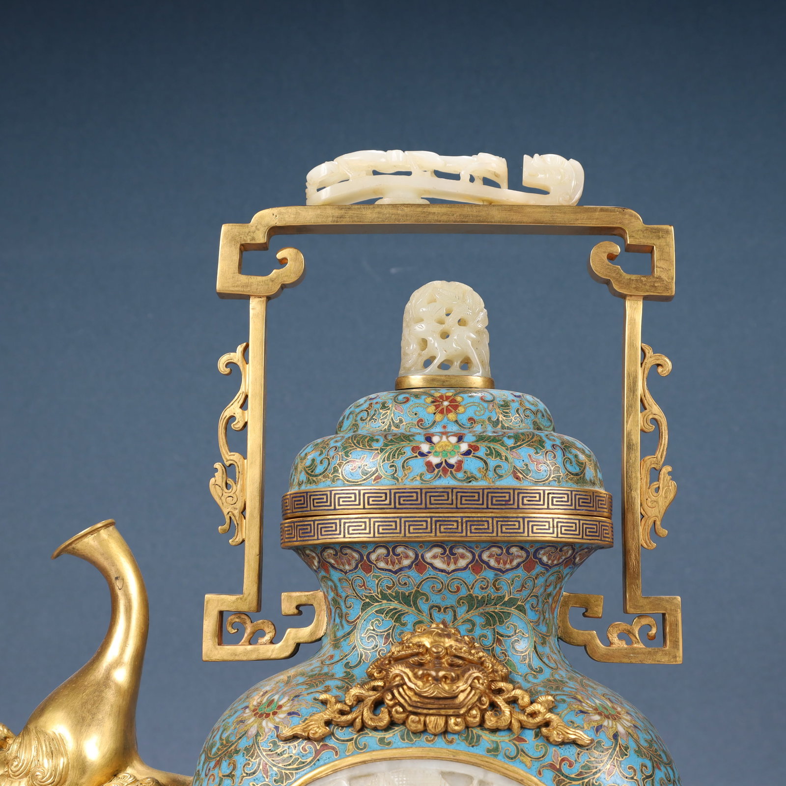 A Huge Cloisonne Inlaid White Jade Lotus,Auspicious Cloud and Dragon Pattern Ewer - 2