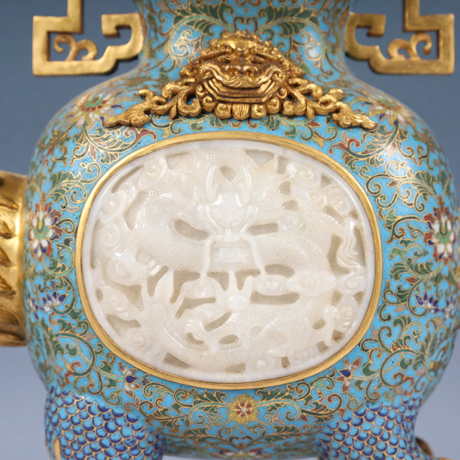 A Huge Cloisonne Inlaid White Jade Lotus,Auspicious Cloud and Dragon Pattern Ewer - 3