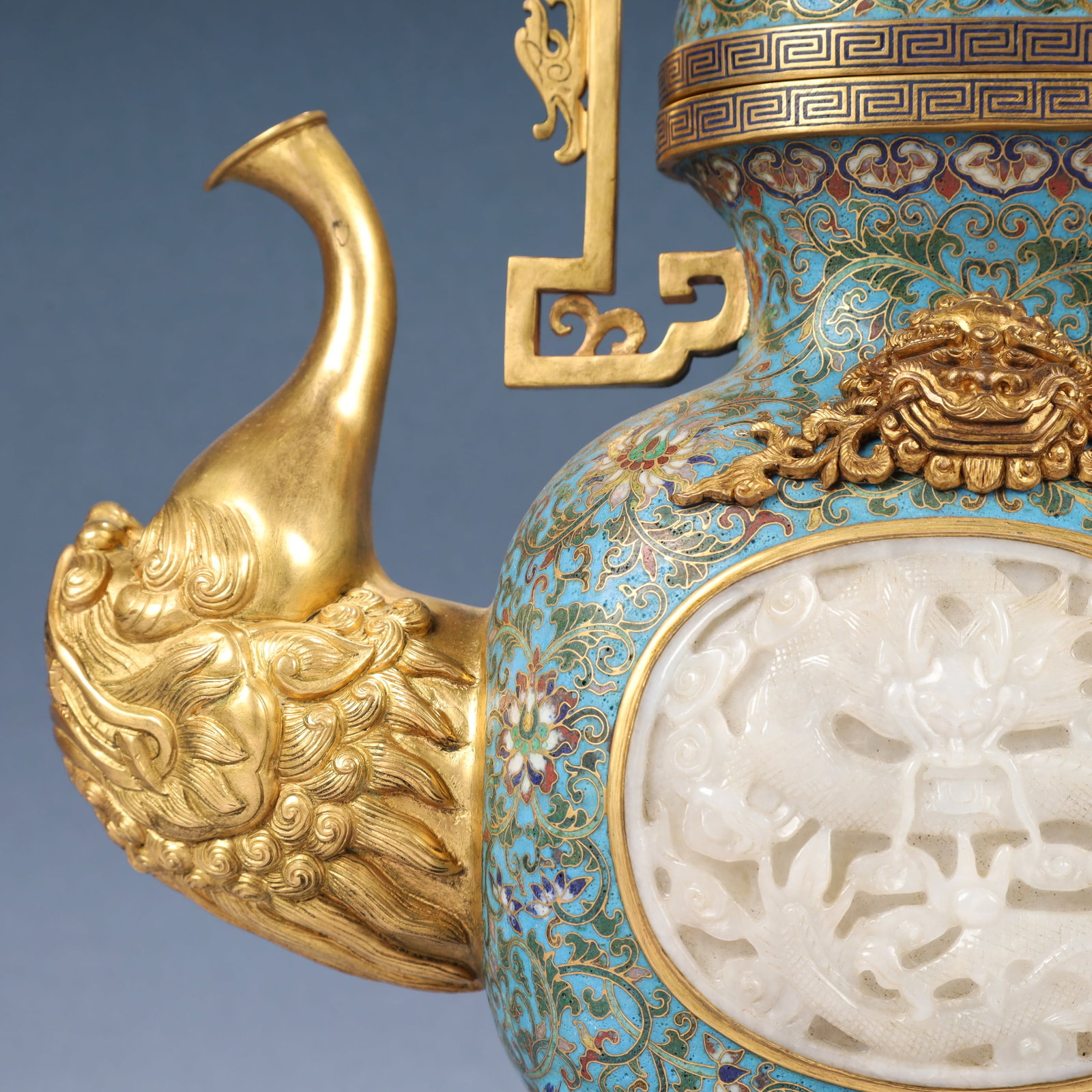 A Huge Cloisonne Inlaid White Jade Lotus,Auspicious Cloud and Dragon Pattern Ewer - 4