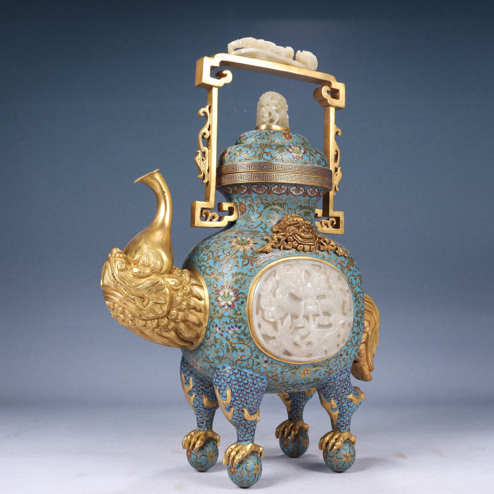 A Huge Cloisonne Inlaid White Jade Lotus,Auspicious Cloud and Dragon Pattern Ewer - 5