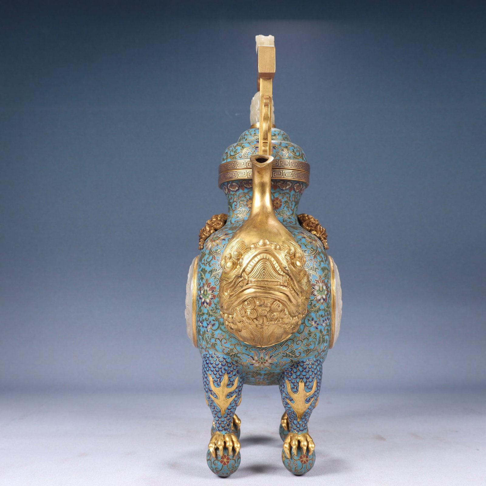 A Huge Cloisonne Inlaid White Jade Lotus,Auspicious Cloud and Dragon Pattern Ewer - 6