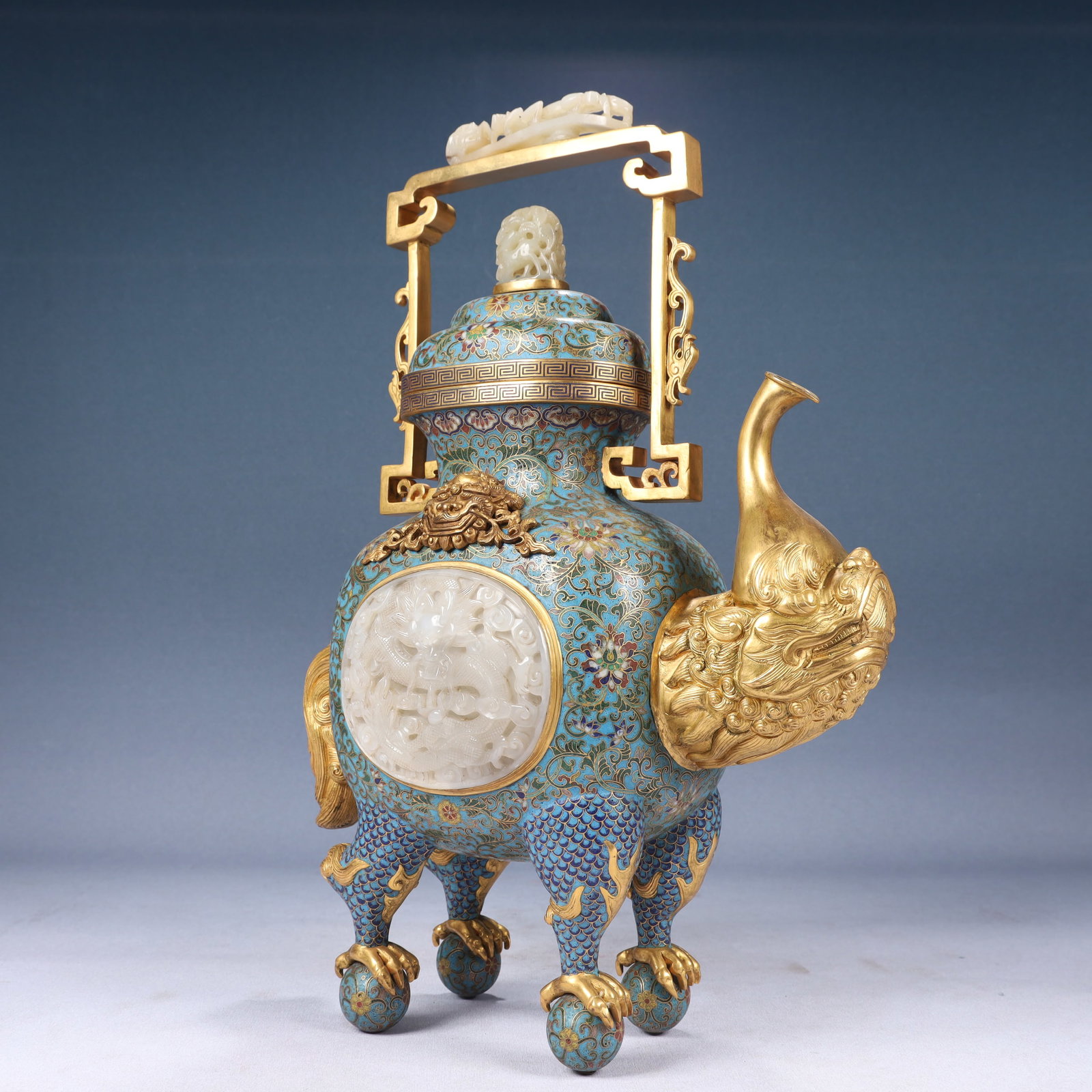 A Huge Cloisonne Inlaid White Jade Lotus,Auspicious Cloud and Dragon Pattern Ewer - 7