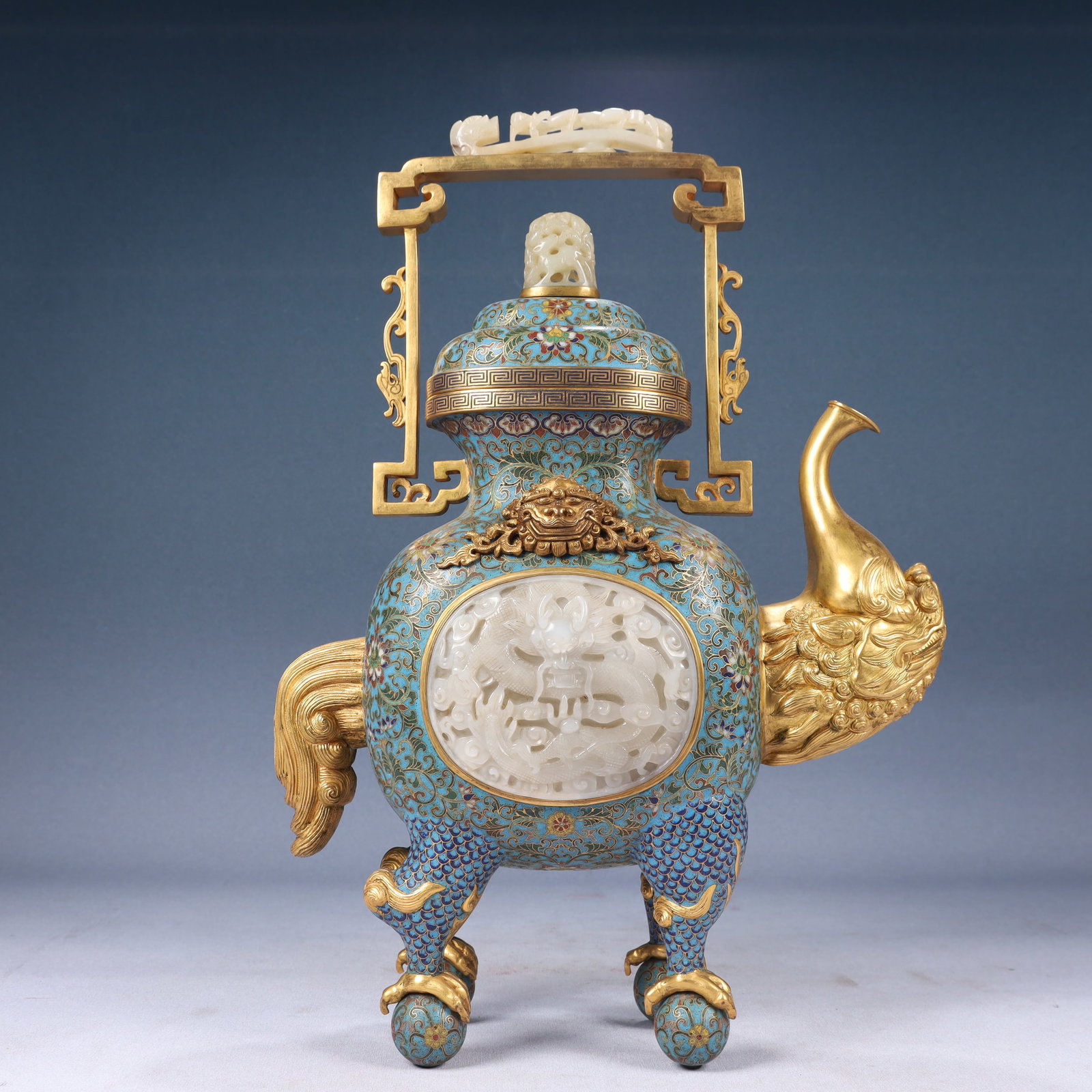 A Huge Cloisonne Inlaid White Jade Lotus,Auspicious Cloud and Dragon Pattern Ewer - 8