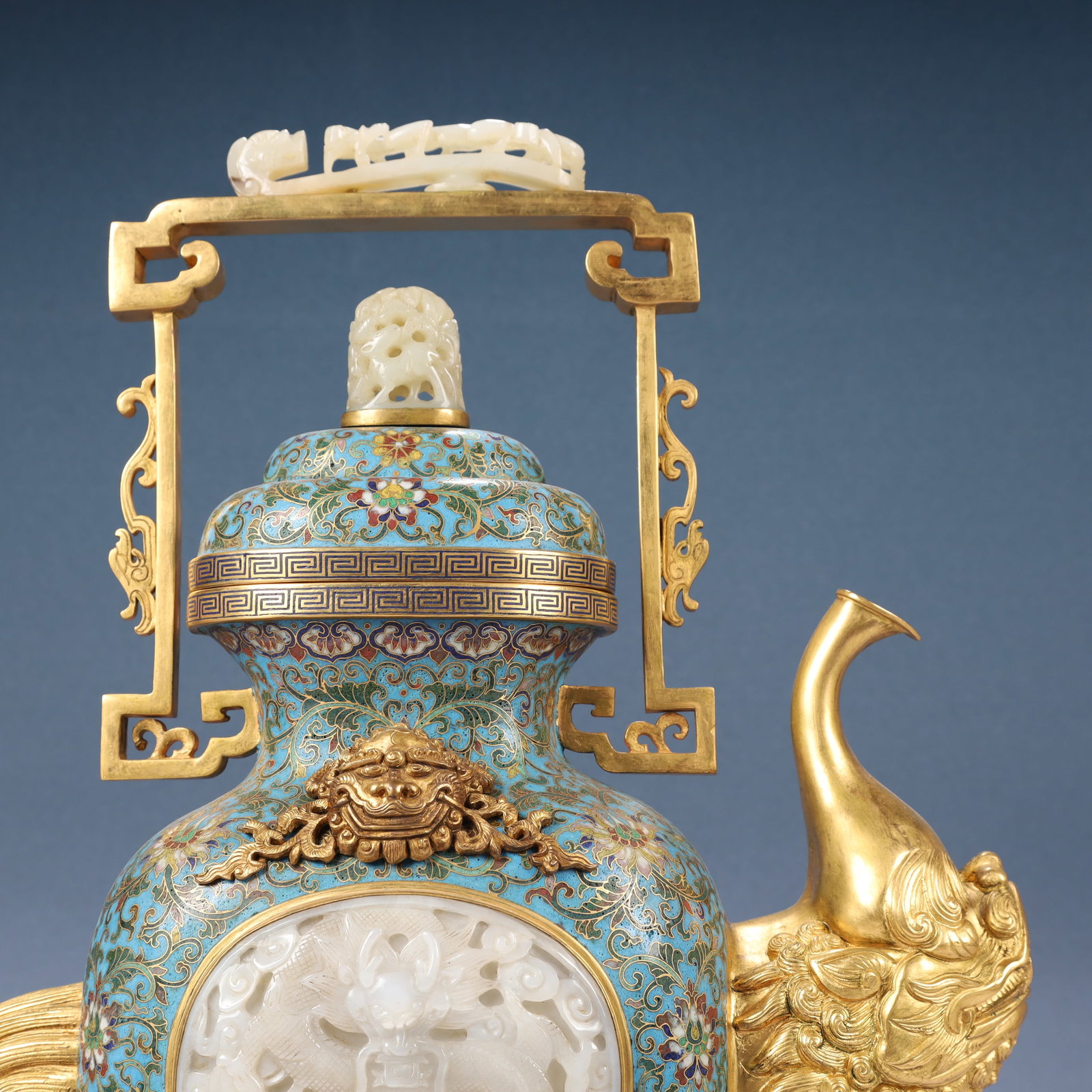 A Huge Cloisonne Inlaid White Jade Lotus,Auspicious Cloud and Dragon Pattern Ewer - 9