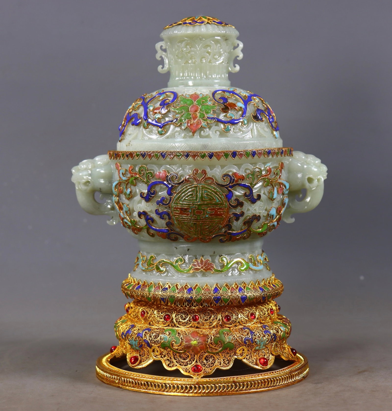 An Exquisite Filigree and Gilding Inlaid White Jade Lotus Pattern Beast-Ears Censer,Inlaid Gems: Estimated Value:12000-24000 An Exquisite Filigree and Gilding Inlaid White Jade Lotus Pattern Beast-Ears Censer,Inlaid Gems,Qing Dynasty,China,Qianlong Four-character
