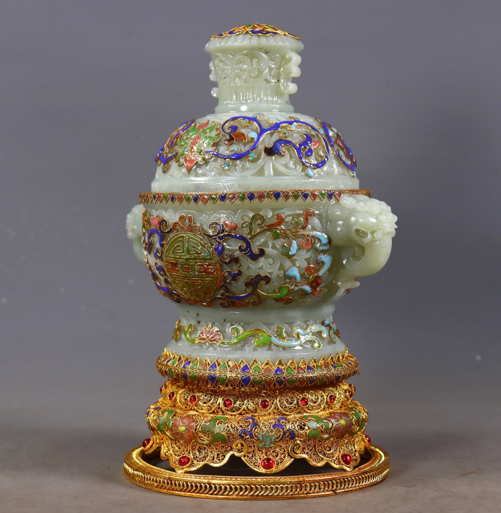 An Exquisite Filigree and Gilding Inlaid White Jade Lotus Pattern Beast-Ears Censer,Inlaid Gems - 2