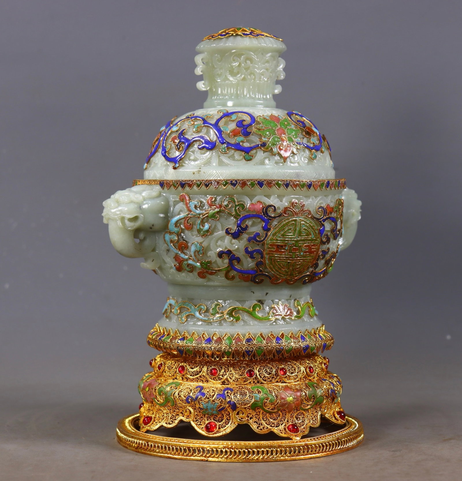 An Exquisite Filigree and Gilding Inlaid White Jade Lotus Pattern Beast-Ears Censer,Inlaid Gems - 3