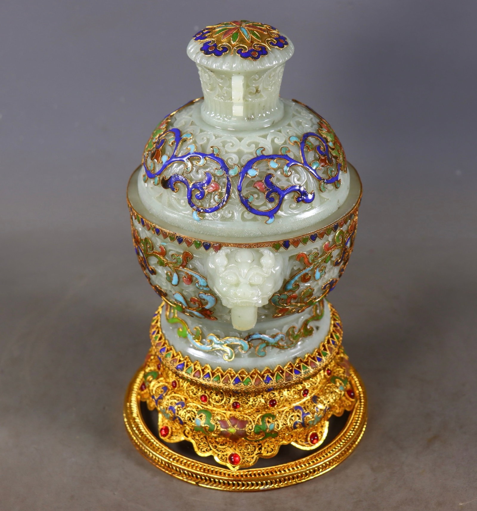 An Exquisite Filigree and Gilding Inlaid White Jade Lotus Pattern Beast-Ears Censer,Inlaid Gems - 4