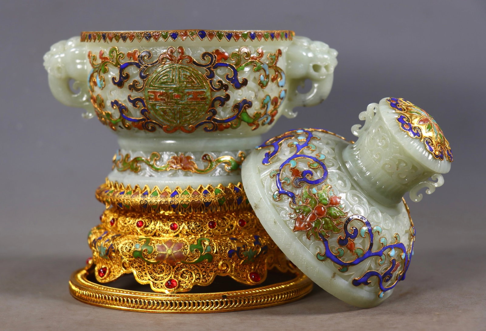 An Exquisite Filigree and Gilding Inlaid White Jade Lotus Pattern Beast-Ears Censer,Inlaid Gems - 5