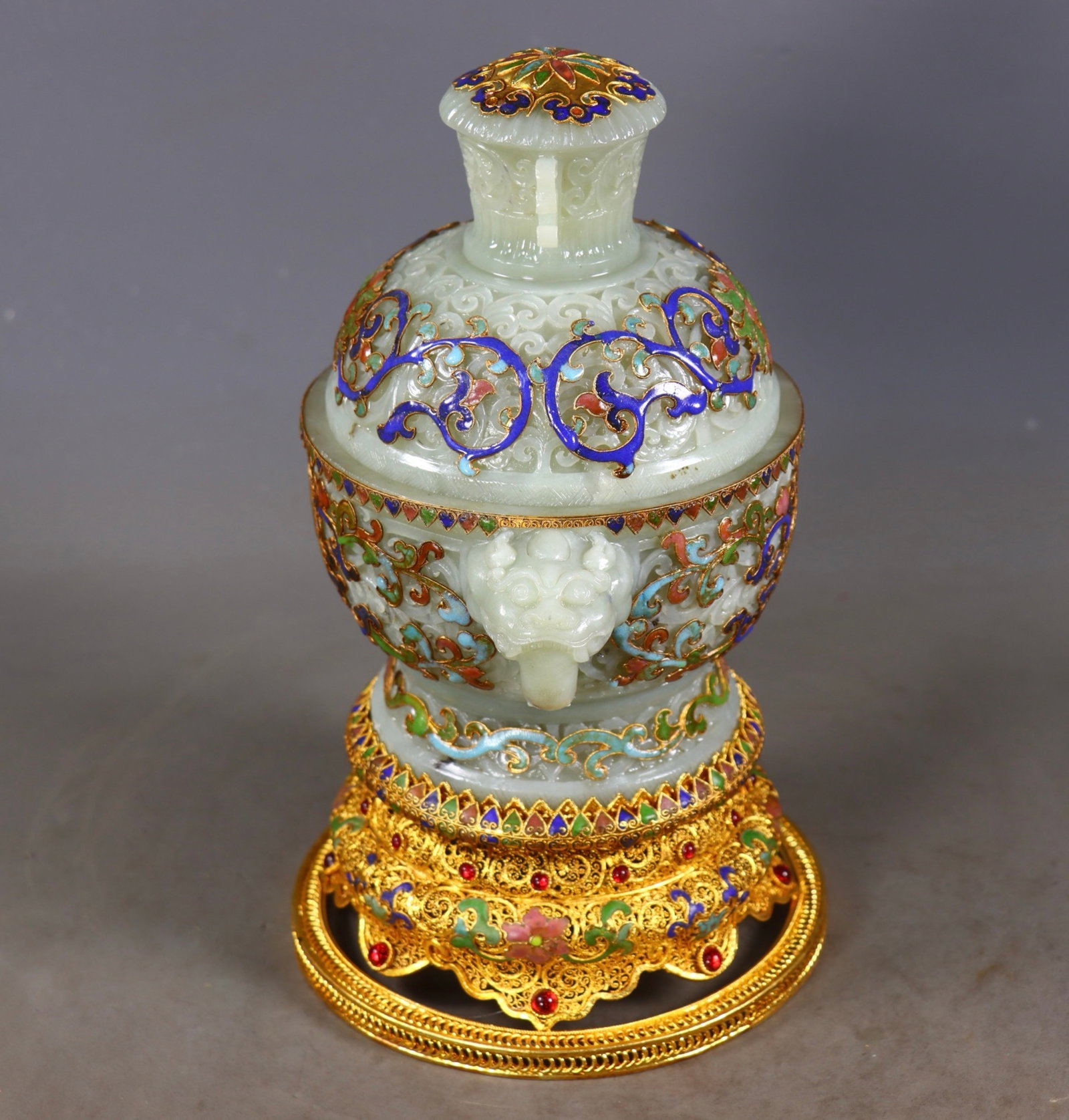 An Exquisite Filigree and Gilding Inlaid White Jade Lotus Pattern Beast-Ears Censer,Inlaid Gems - 6