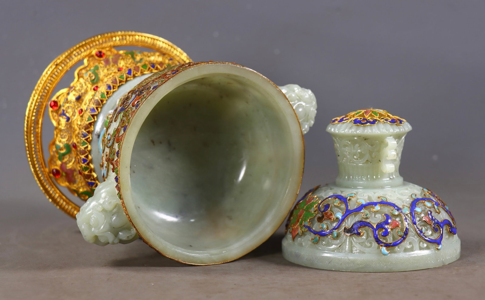 An Exquisite Filigree and Gilding Inlaid White Jade Lotus Pattern Beast-Ears Censer,Inlaid Gems - 7