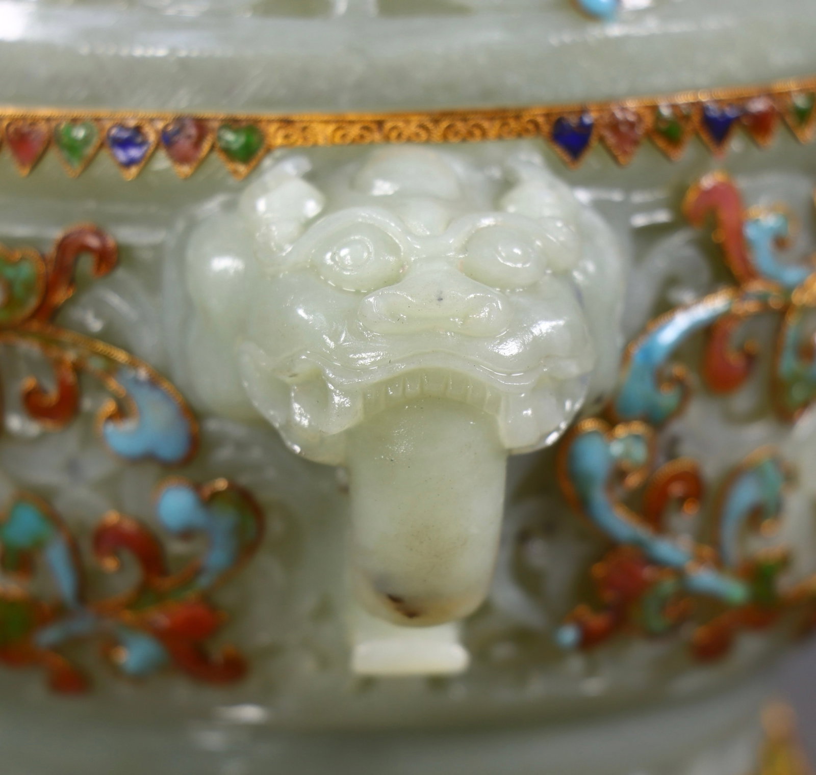 An Exquisite Filigree and Gilding Inlaid White Jade Lotus Pattern Beast-Ears Censer,Inlaid Gems - 8