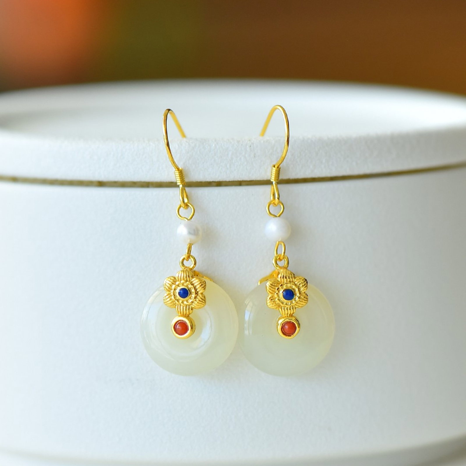A Pair of Exquisite Sterling Silver-Gold Plated Inlaid White Jade Enamel Earrings - 2