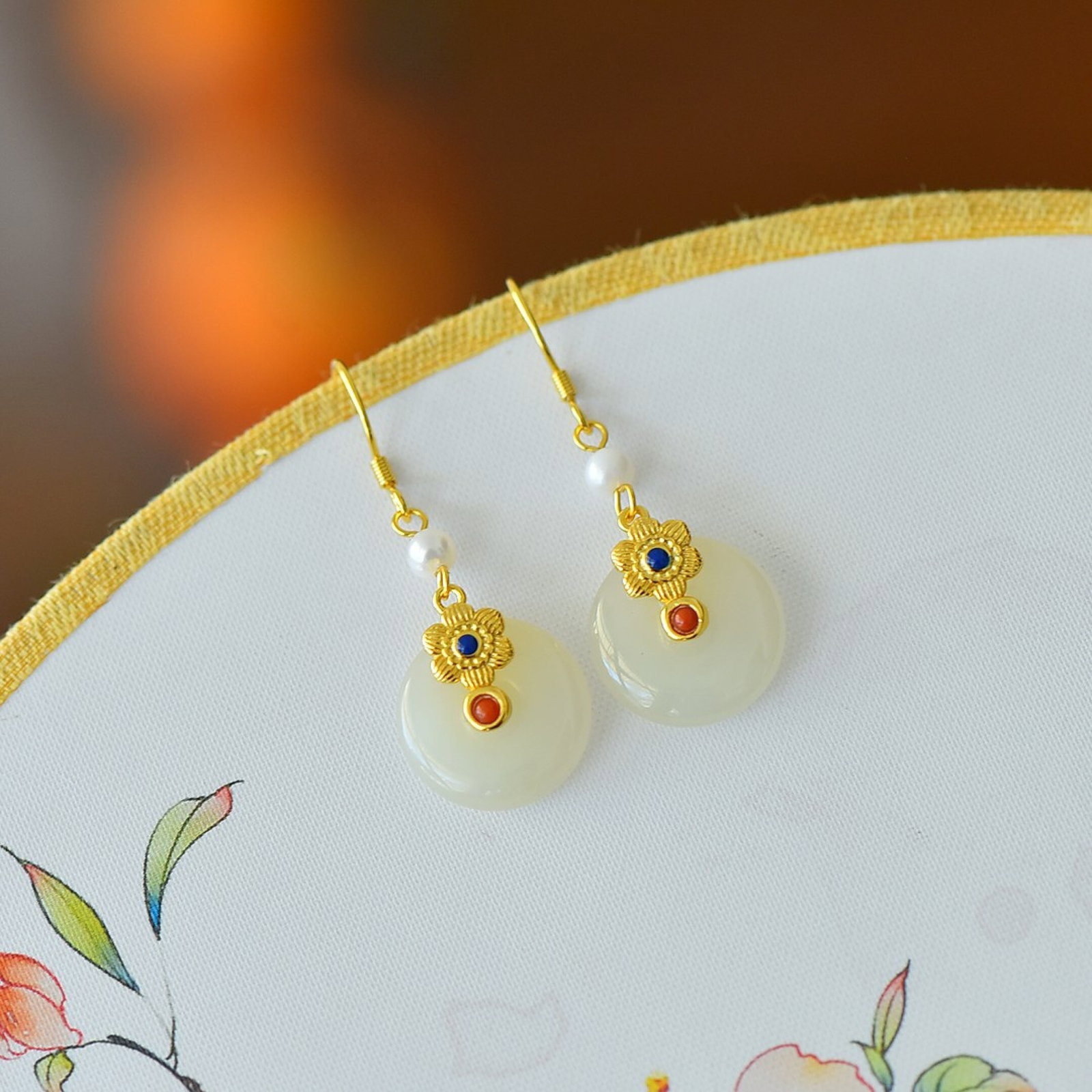 A Pair of Exquisite Sterling Silver-Gold Plated Inlaid White Jade Enamel Earrings - 3