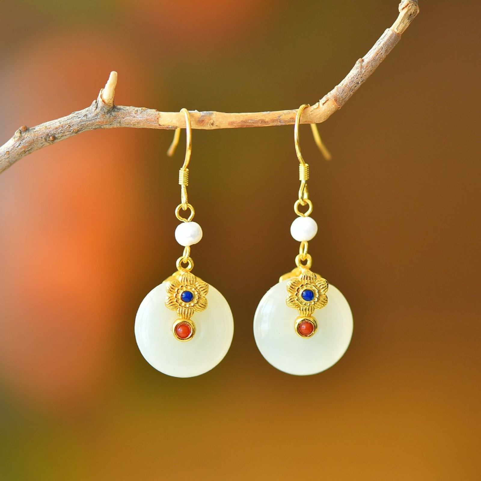 A Pair of Exquisite Sterling Silver-Gold Plated Inlaid White Jade Enamel Earrings - 4