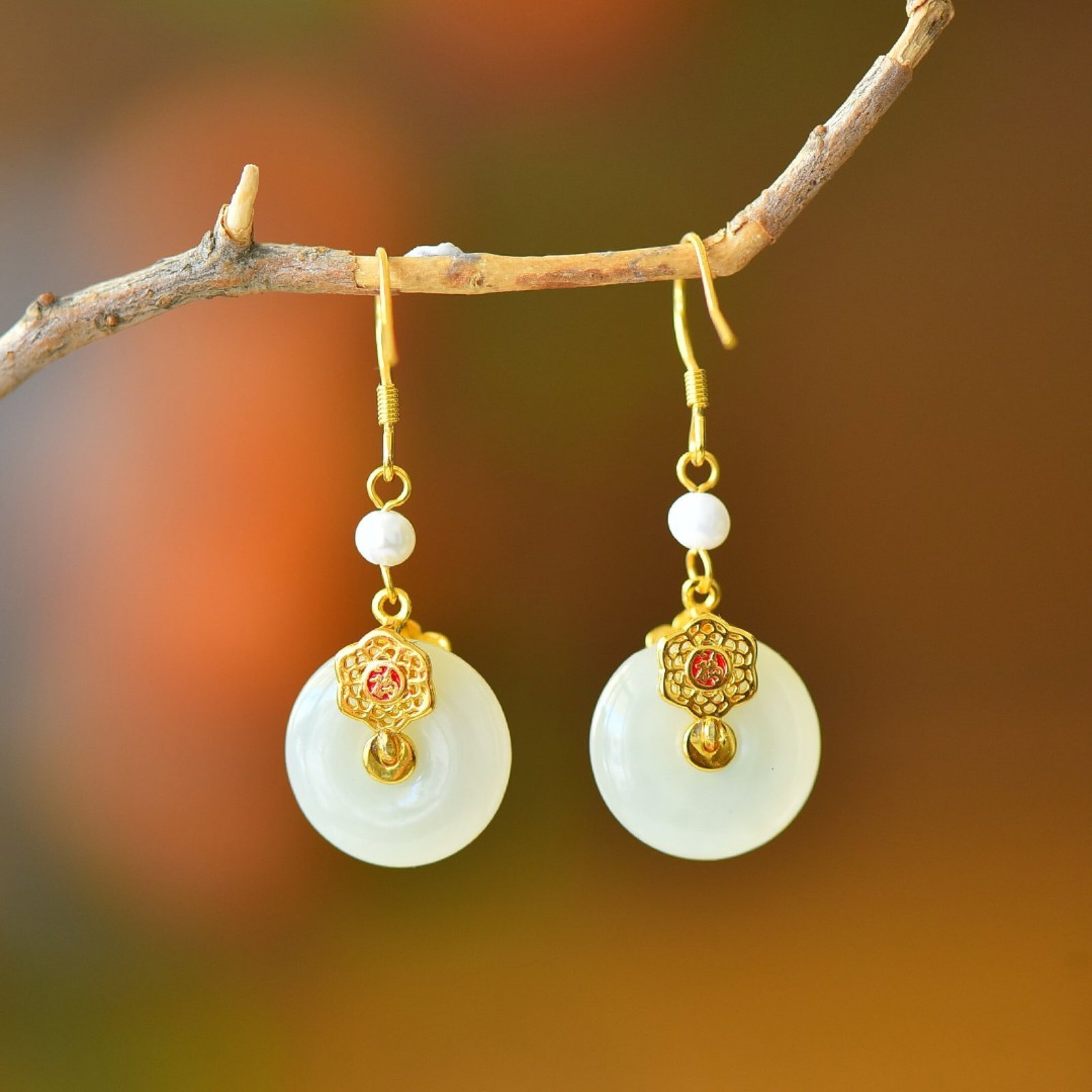 A Pair of Exquisite Sterling Silver-Gold Plated Inlaid White Jade Enamel Earrings - 5
