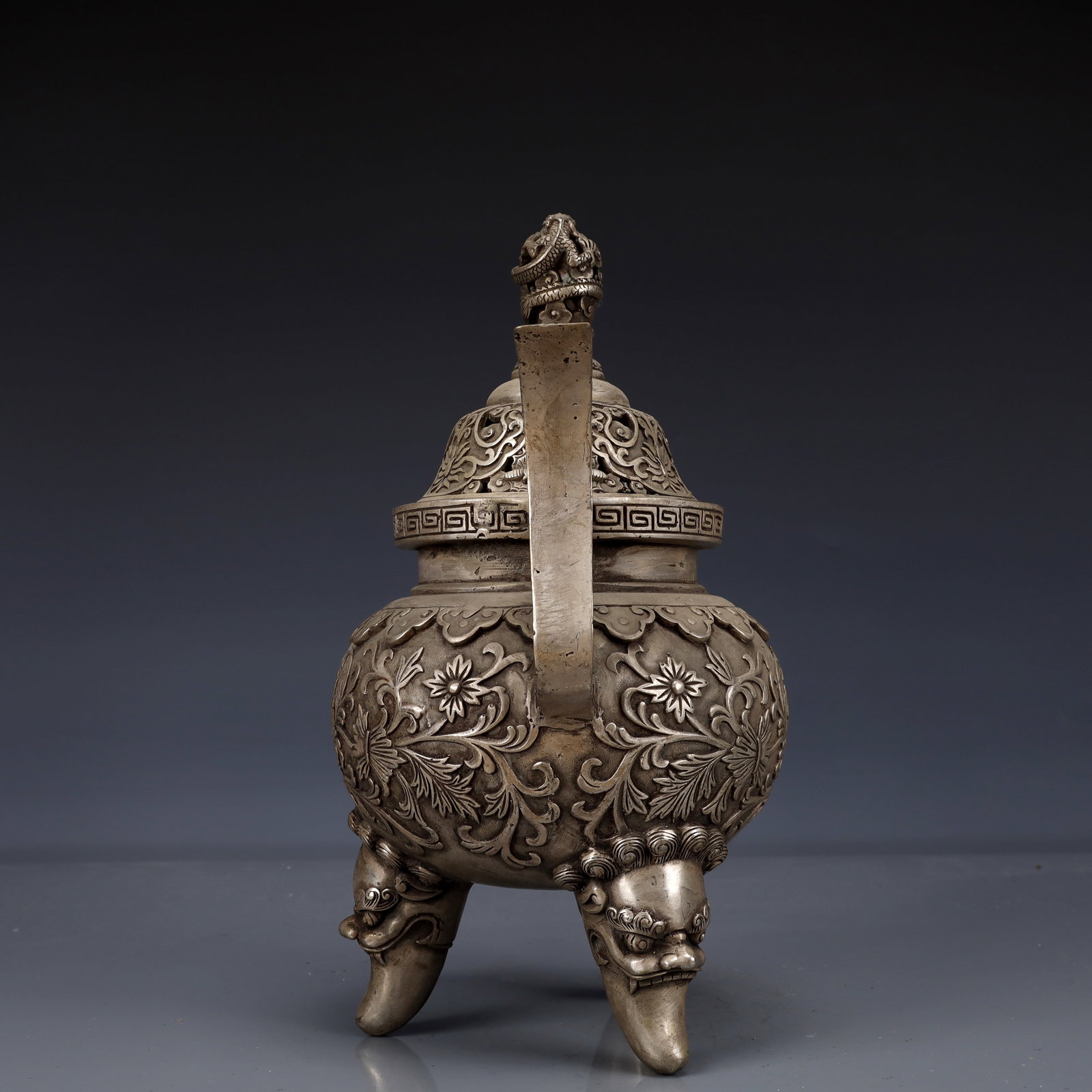 An Exquisite Silver-Plated Bronze Flower Pattern Double-Ears and Tripod Censer - 5