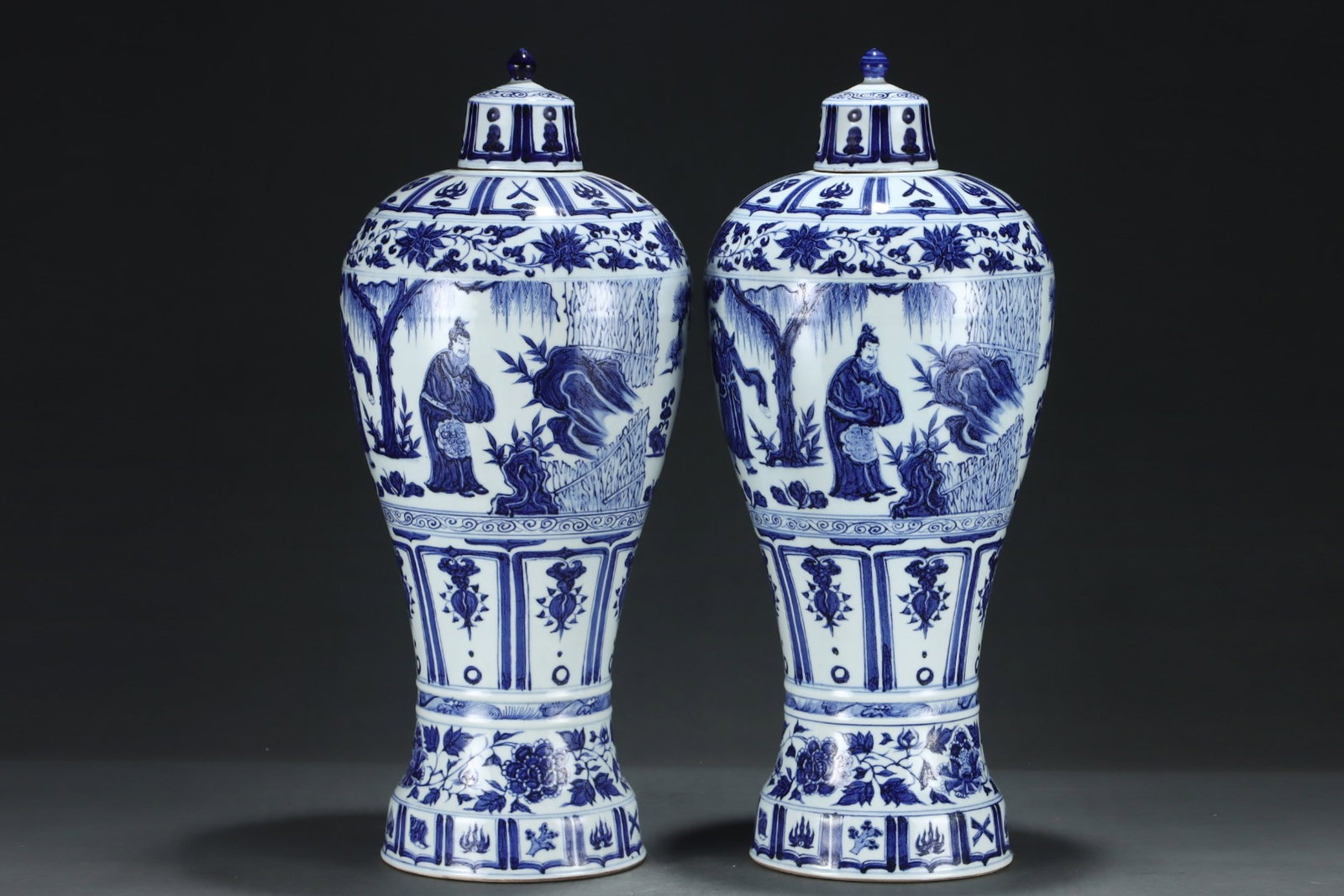 A Pair of Huge Blue and White Character and Story Pattern Bottles,With Vertical Scroll Painting o... - 2