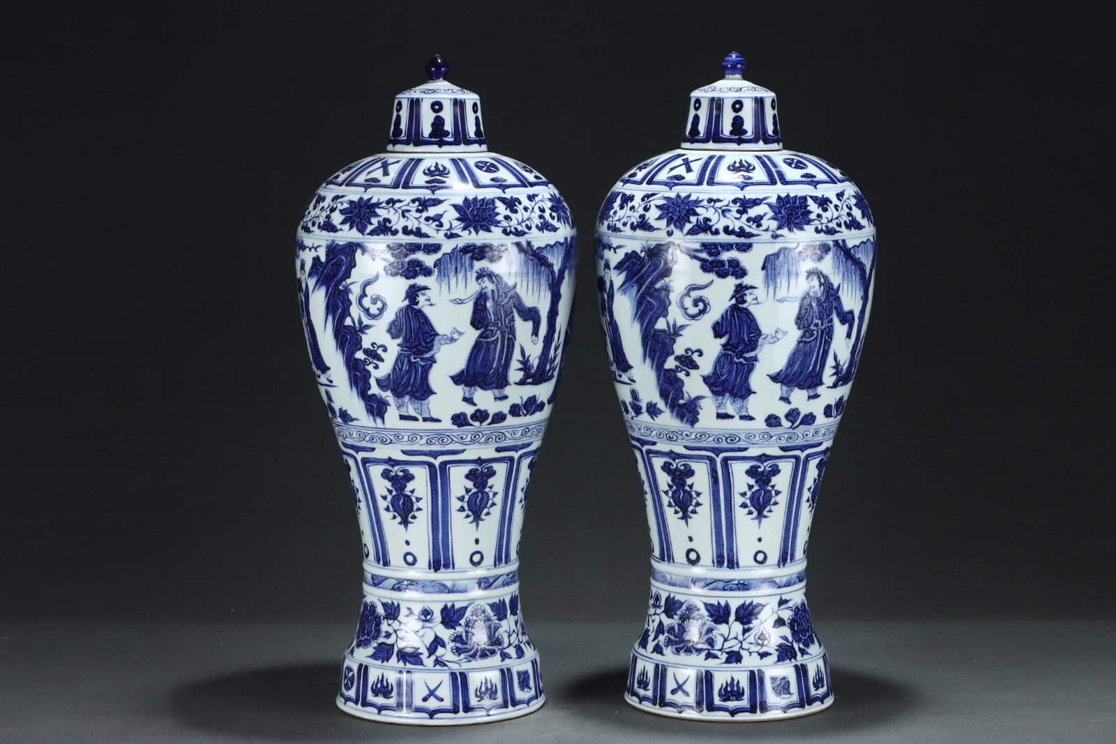 A Pair of Huge Blue and White Character and Story Pattern Bottles,With Vertical Scroll Painting o... - 3