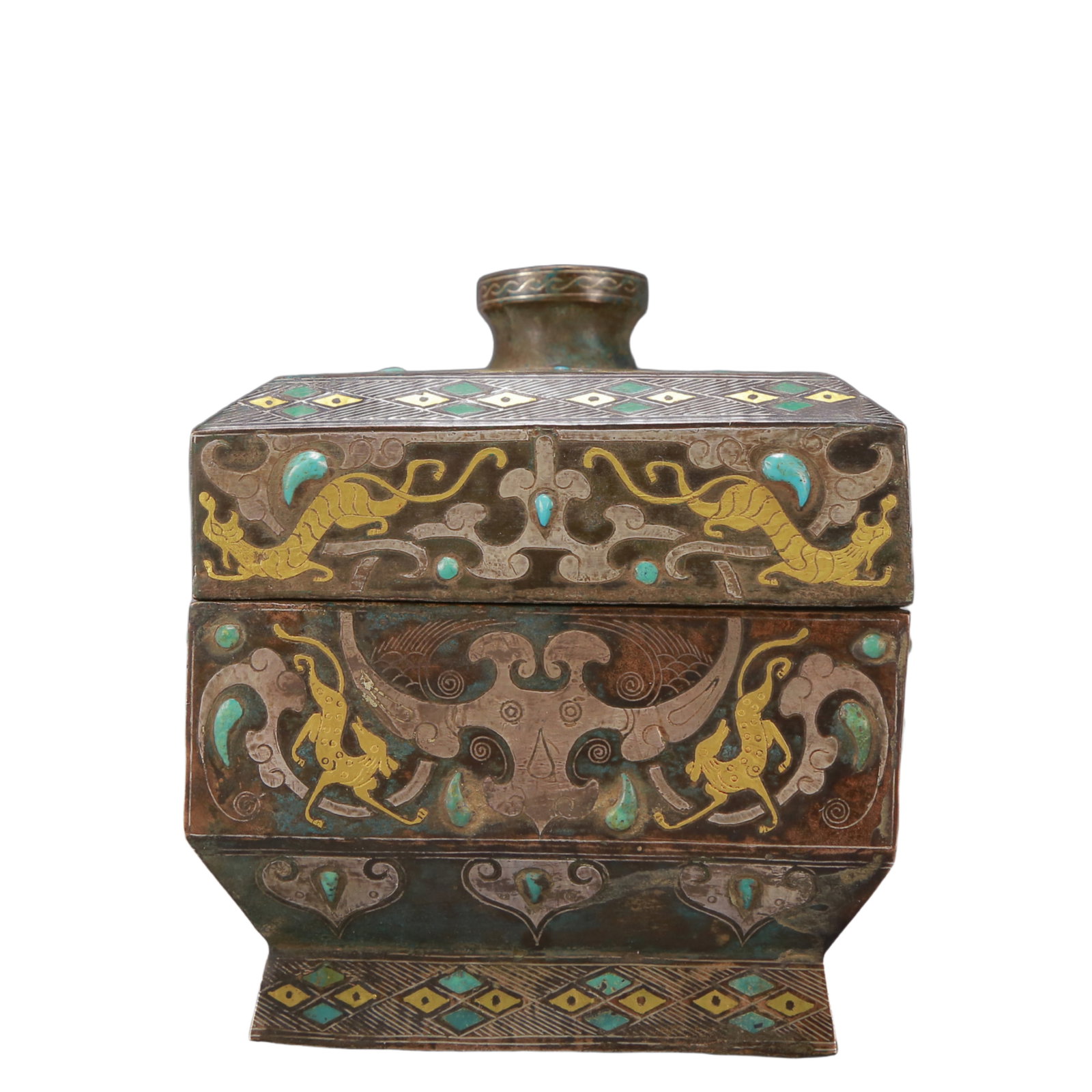 A Exquisite Gold and Silver-Inlaid Bronze Auspicious Beast Pattern Box: Estimated Value:28000-56000 A Exquisite Gold and Silver-Inlaid Bronze Auspicious Beast Pattern Box Ancient Time, China ,Size:4.7inx5.5in Weight:1750g 铜错金银食盒 &