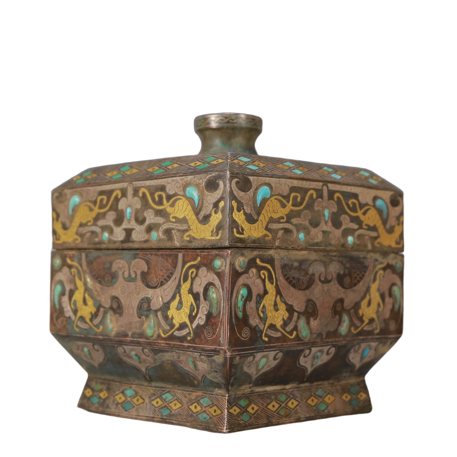 A Exquisite Gold and Silver-Inlaid Bronze Auspicious Beast Pattern Box - 2