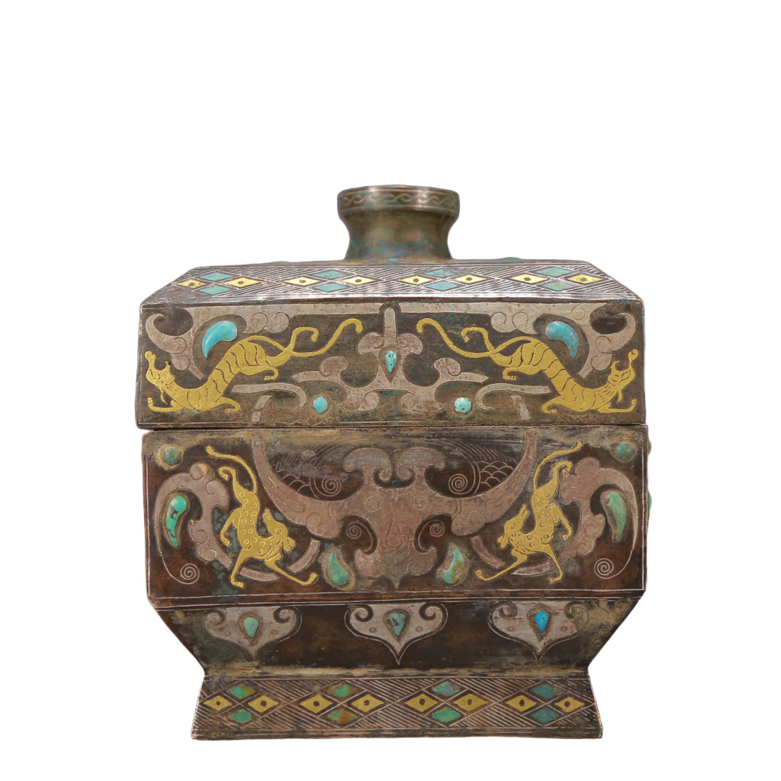 A Exquisite Gold and Silver-Inlaid Bronze Auspicious Beast Pattern Box - 3