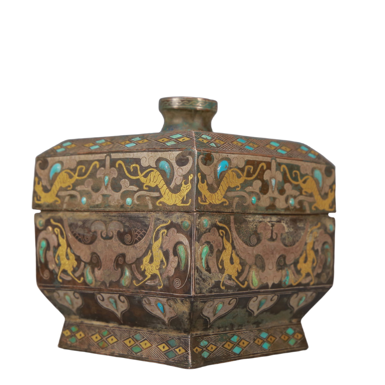 A Exquisite Gold and Silver-Inlaid Bronze Auspicious Beast Pattern Box - 4