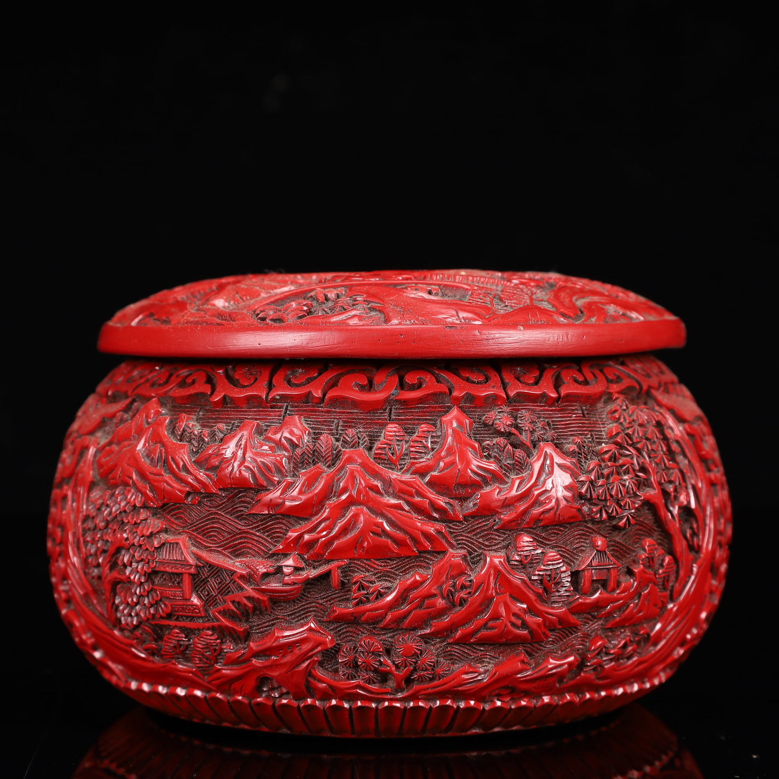 An Exquisite Carved Red Lacquer Landscape and Figure Pattern Box with Cover - 2