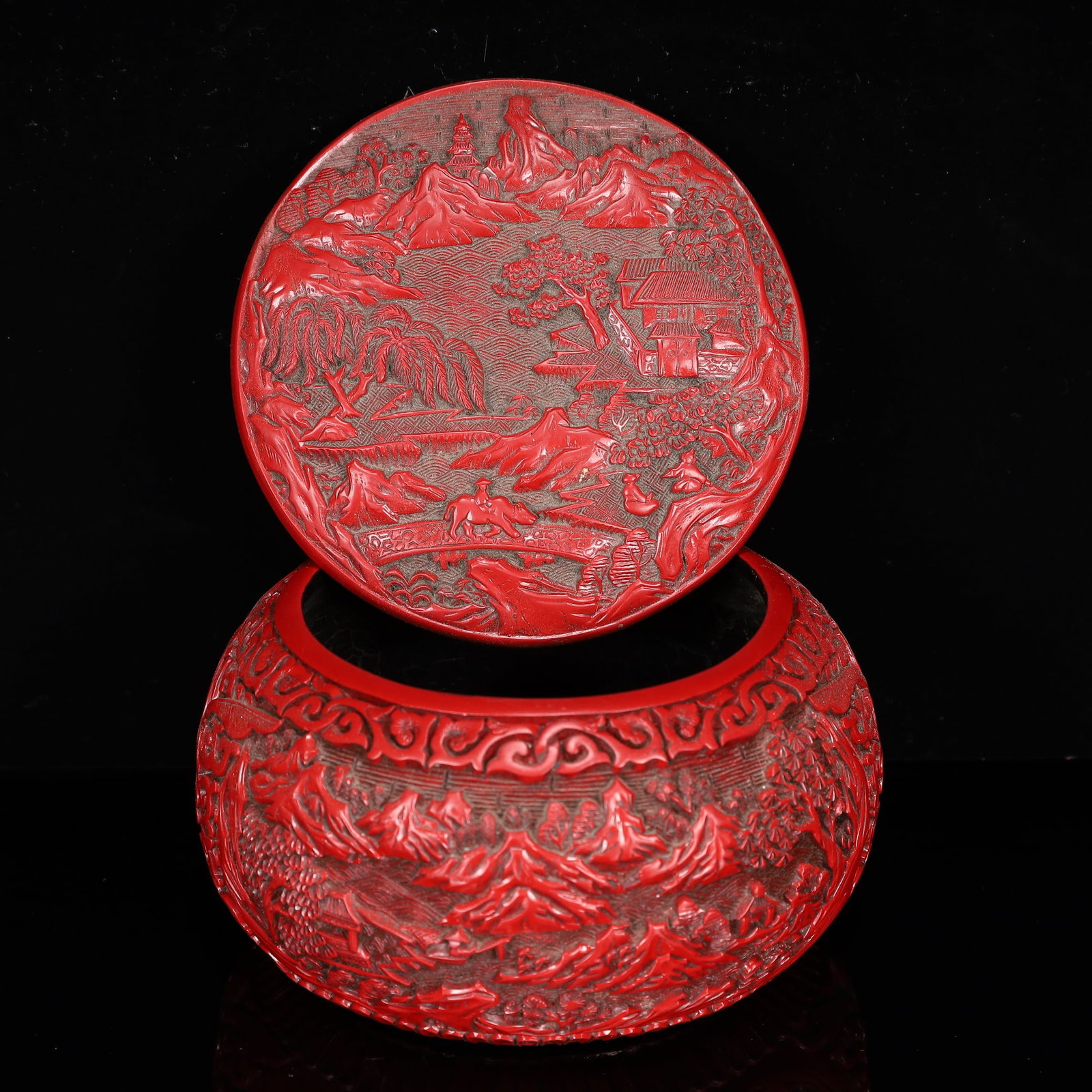 An Exquisite Carved Red Lacquer Landscape and Figure Pattern Box with Cover - 3