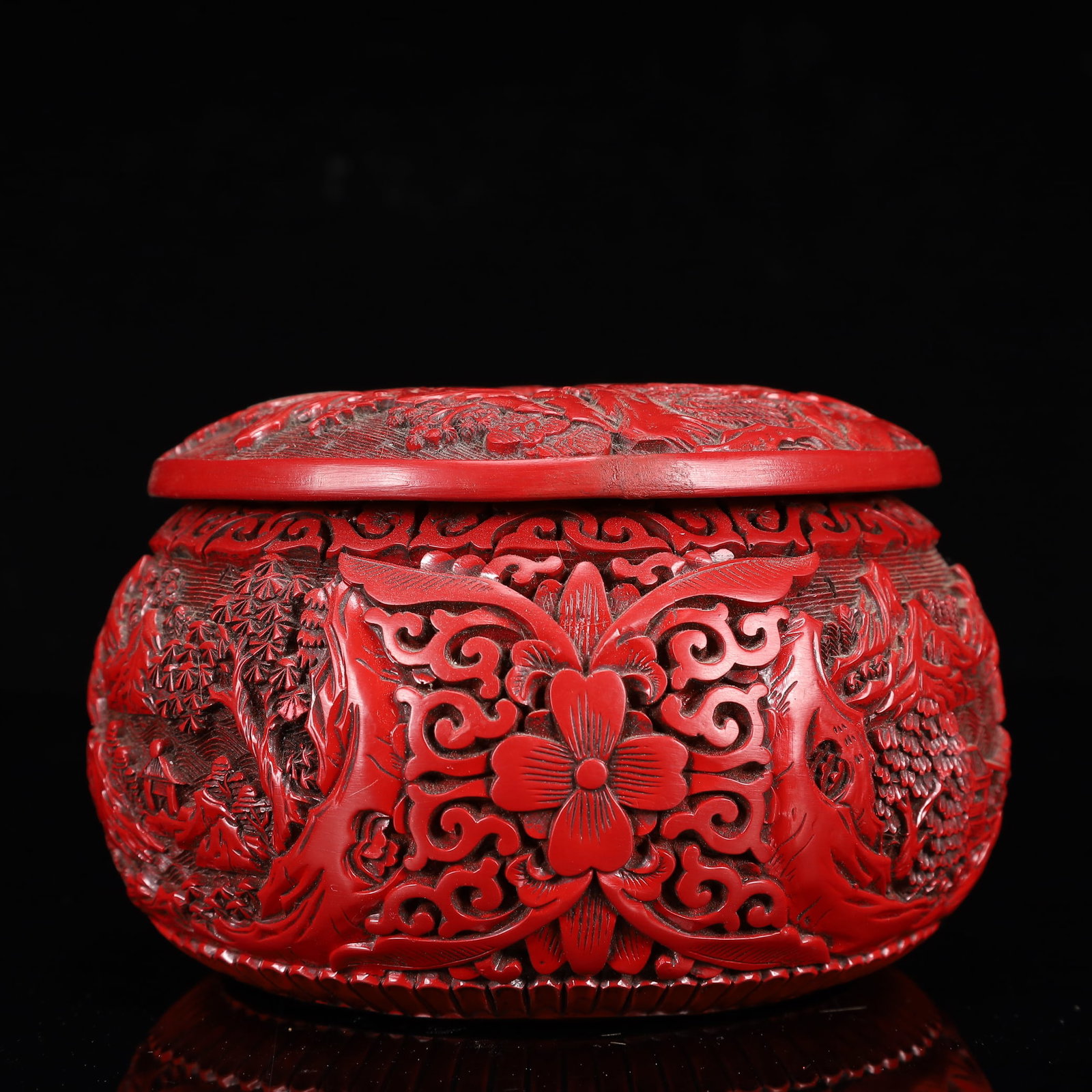 An Exquisite Carved Red Lacquer Landscape and Figure Pattern Box with Cover - 5