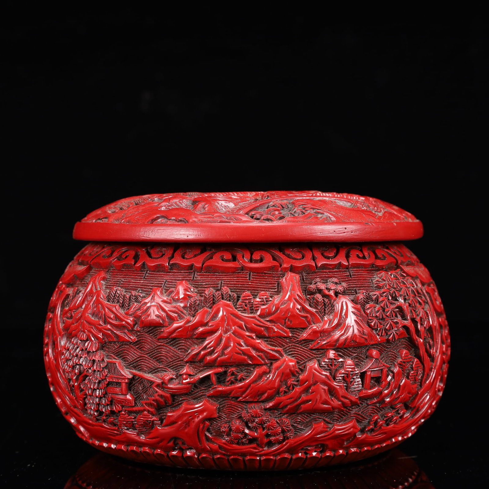 An Exquisite Carved Red Lacquer Landscape and Figure Pattern Box with Cover - 6