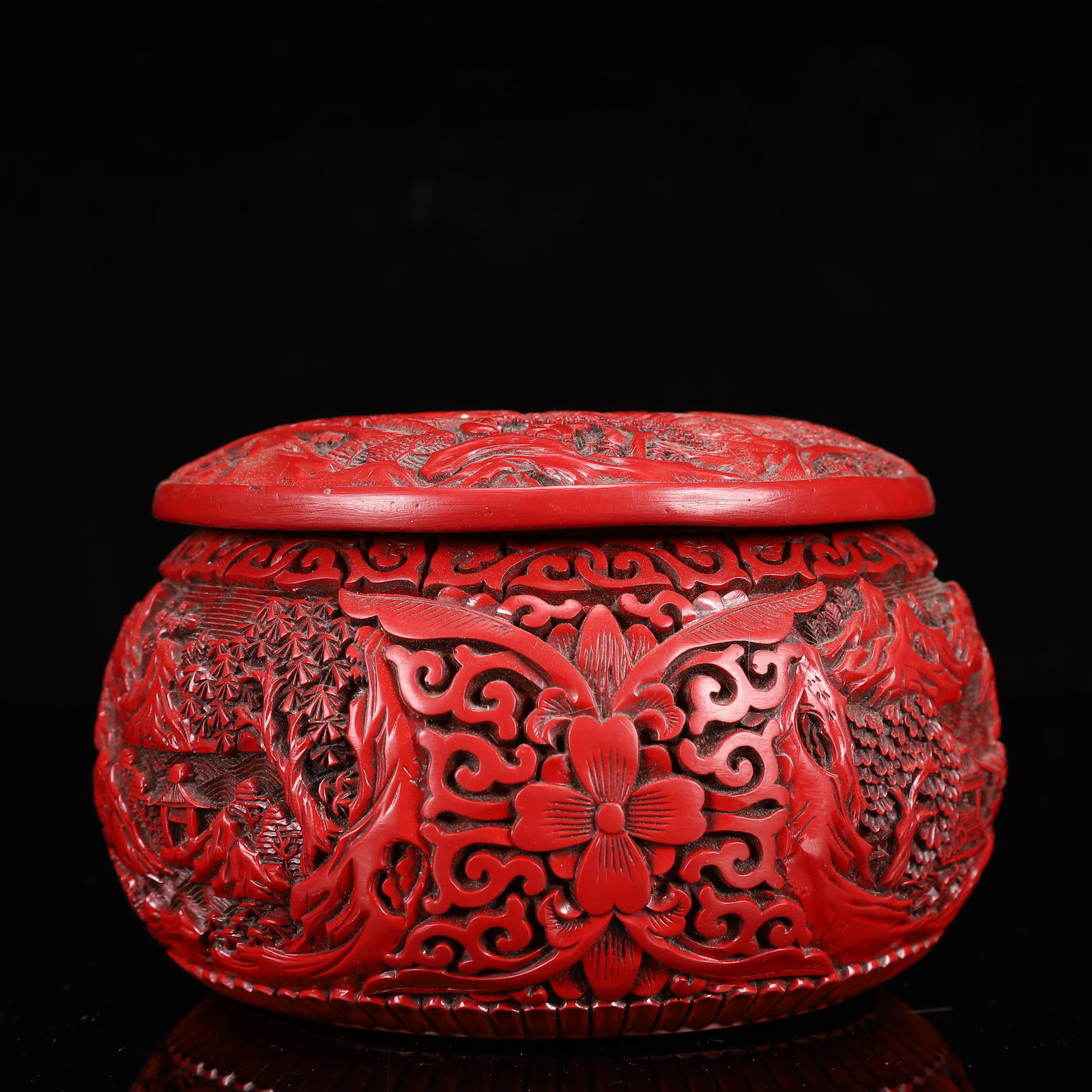 An Exquisite Carved Red Lacquer Landscape and Figure Pattern Box with Cover - 7