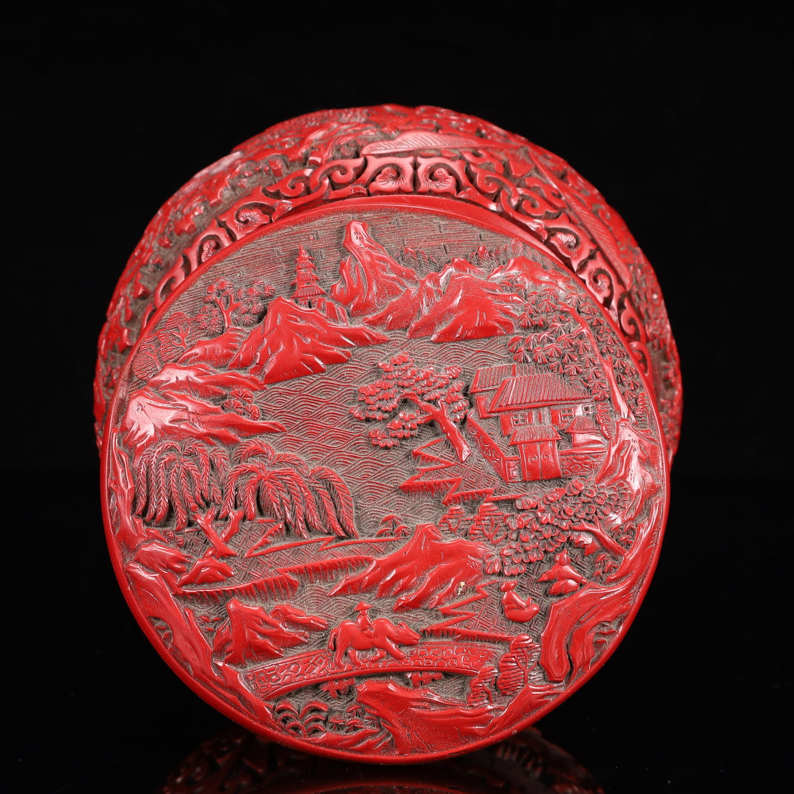 An Exquisite Carved Red Lacquer Landscape and Figure Pattern Box with Cover - 8