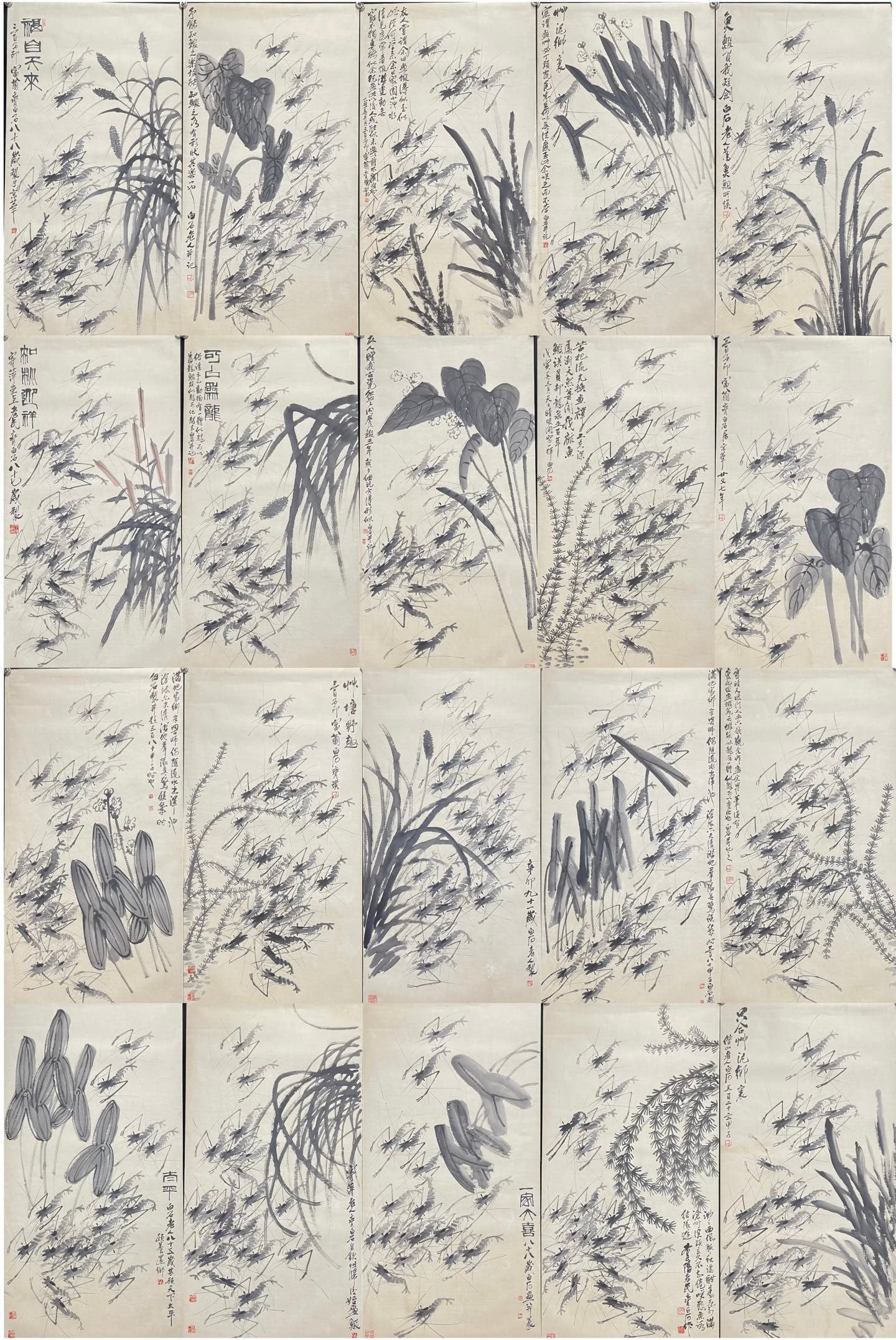 A Set of Chinese Ink Painting of Shrimp on Paper,Qi Baishi: Estimated Value:12000-24000 A Set of Chinese Ink Painting of Shrimp on Paper,Qi Baishi,Size:26.8inx53.9in*20 一套中国水墨虾图,齐白石