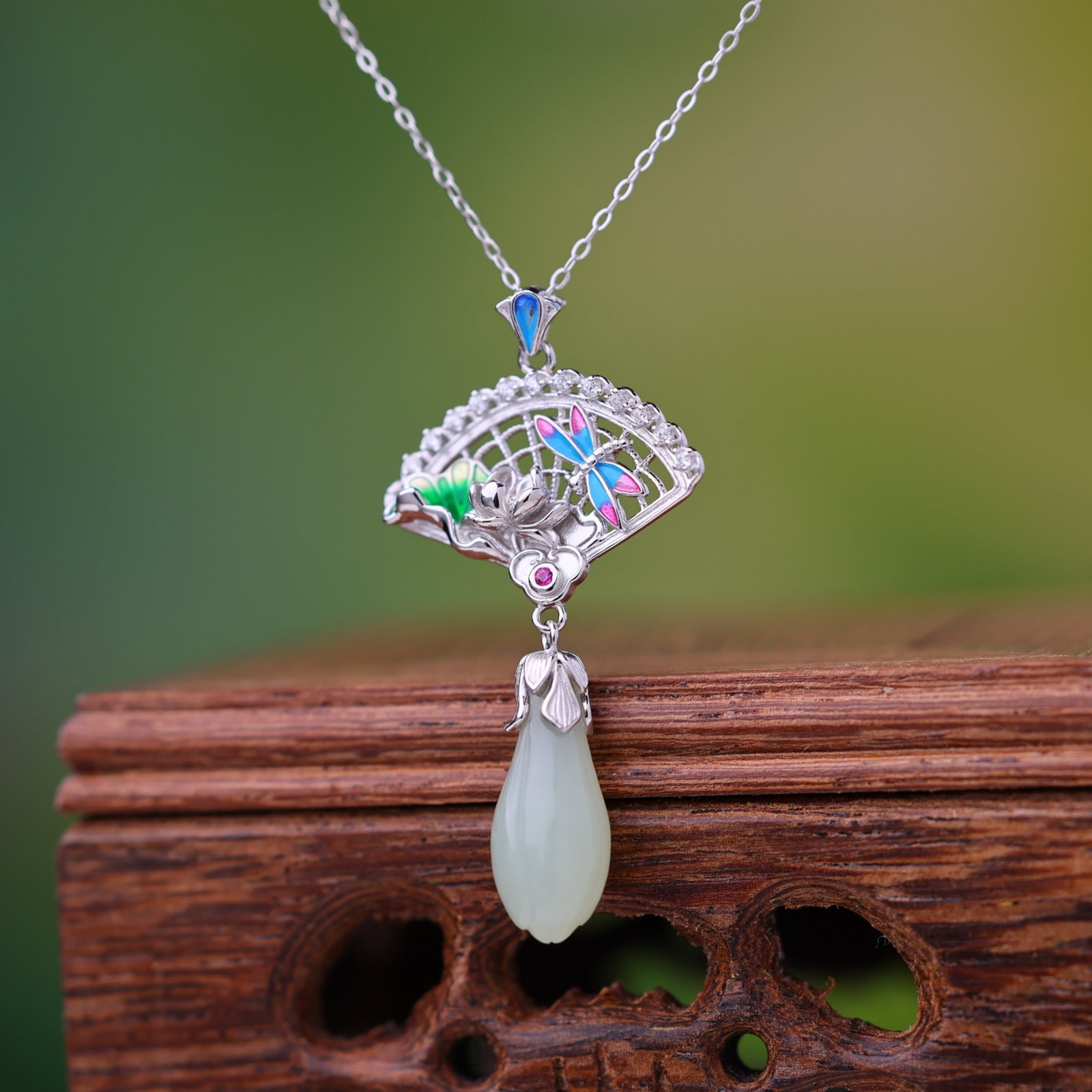 An Exquisite Sterling Silver Inlaid White Jade Pendant,Inlaid Diamond - 5