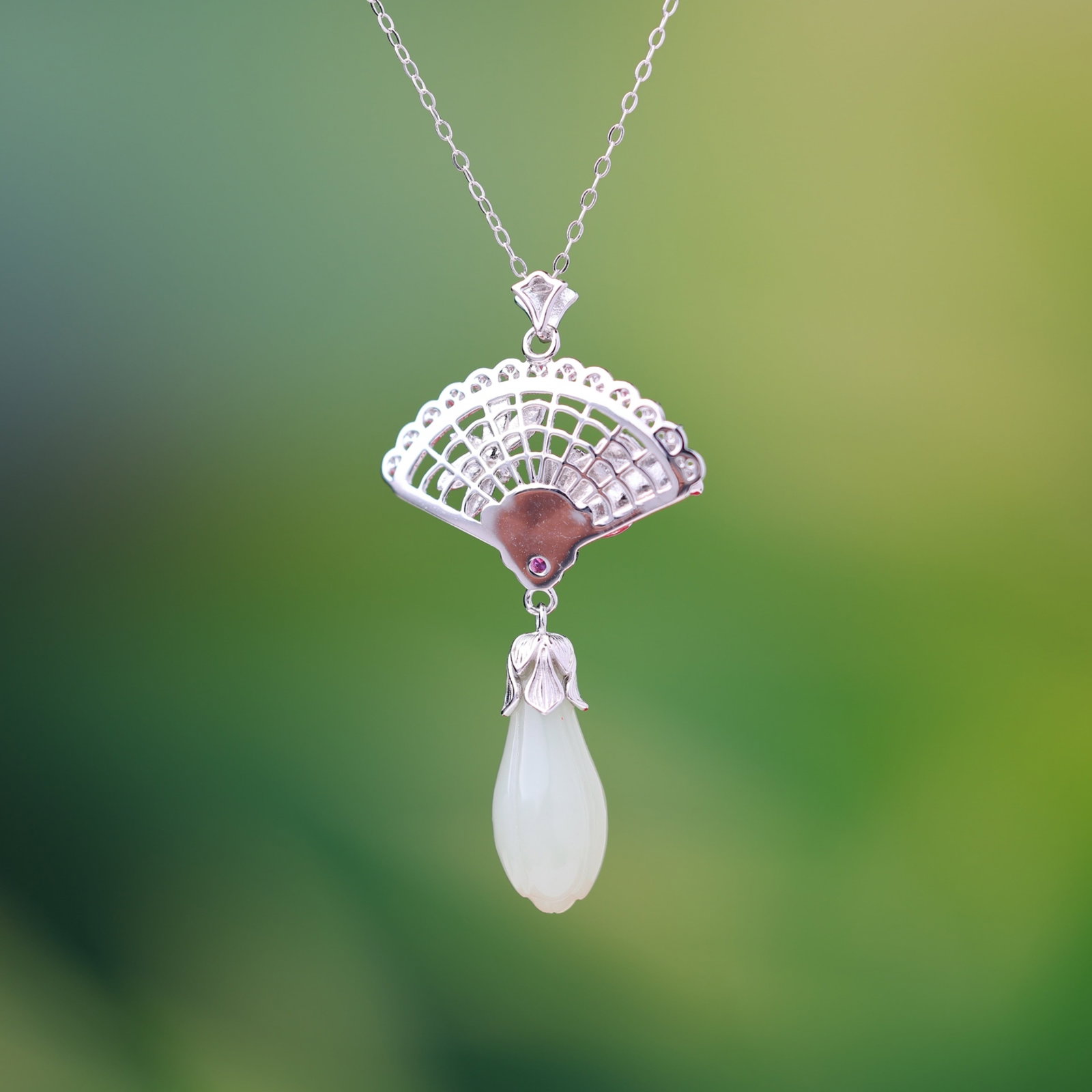 An Exquisite Sterling Silver Inlaid White Jade Pendant,Inlaid Diamond - 6