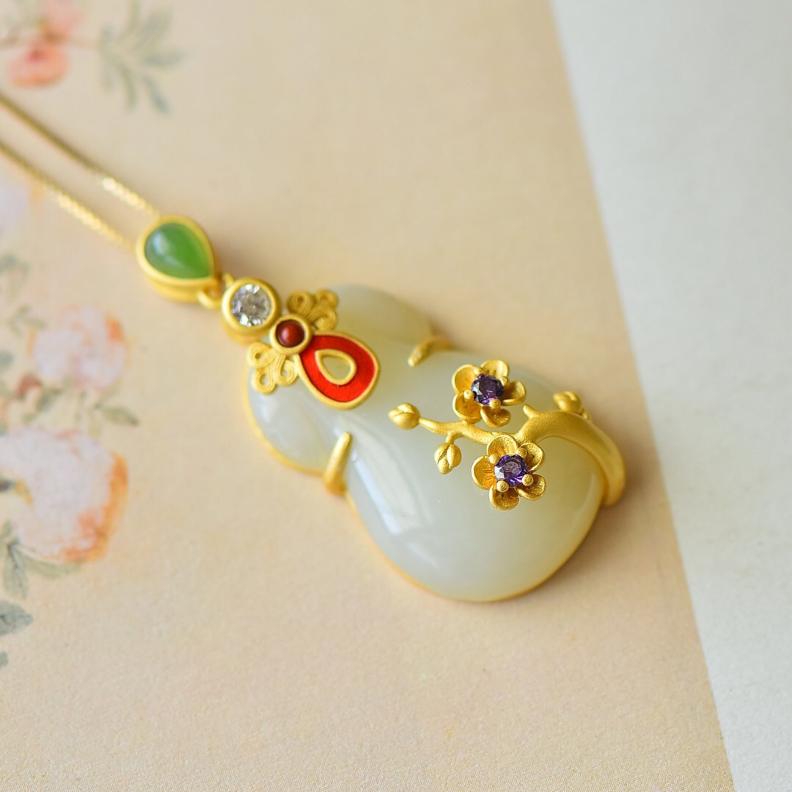 An Exquisite Sterling Silver-Gold Plated Inlaid White Jade Pendant,Inlaid Diamond - 3
